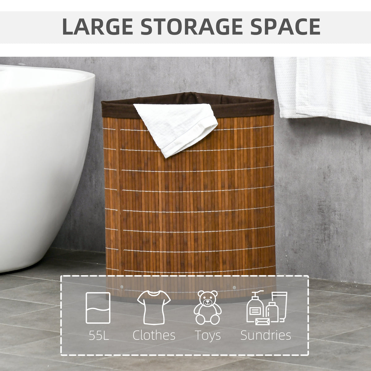 Bamboo Laundry Basket with Lid 55L Corner Hamper with Removable Washable Lining - Brown