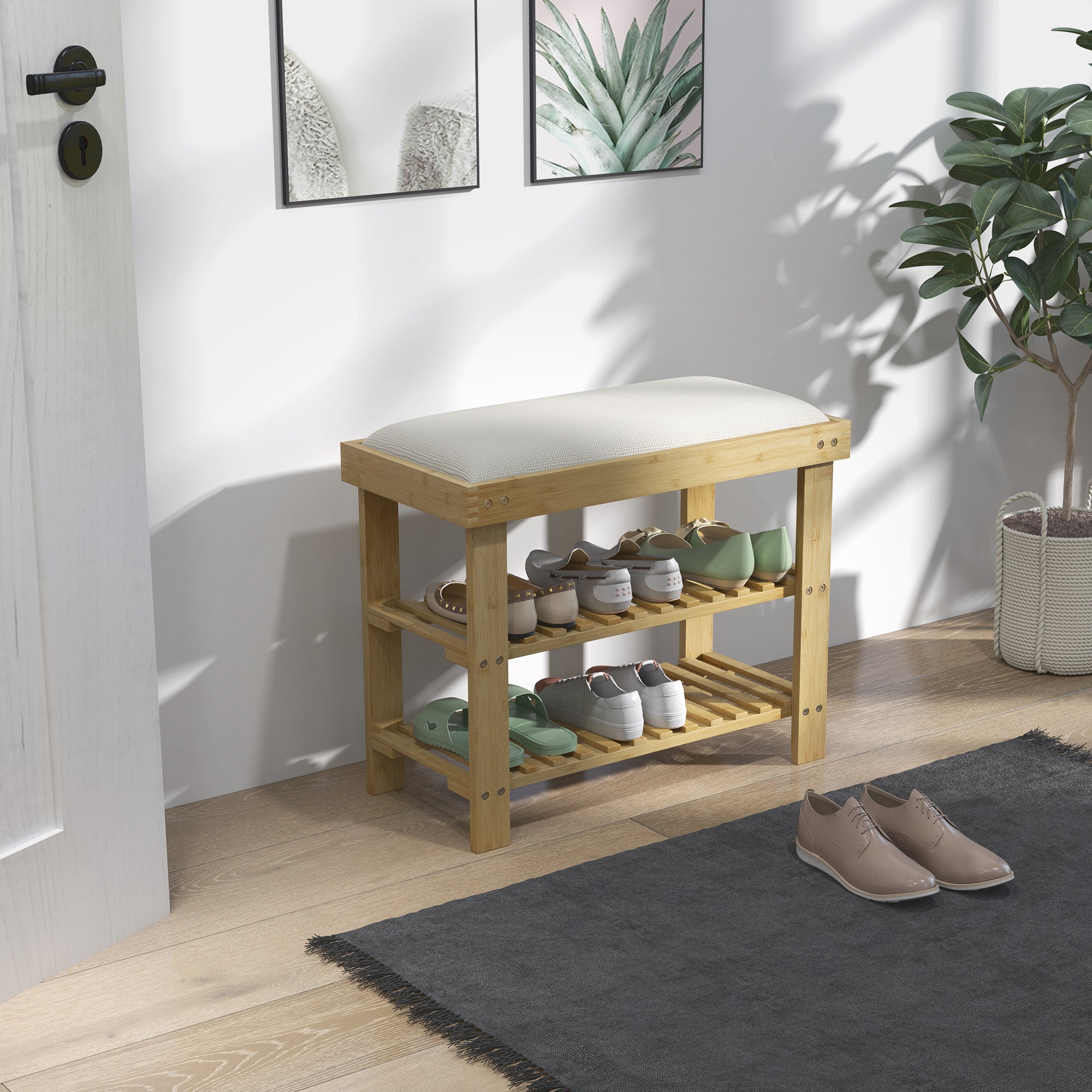 Bamboo Shoe Storage Bench, 3-Tier Shoe Bench with Seat Cushion, Shoe Rack for Entryway, Hallway, Living Room, Bedroom, Cream White
