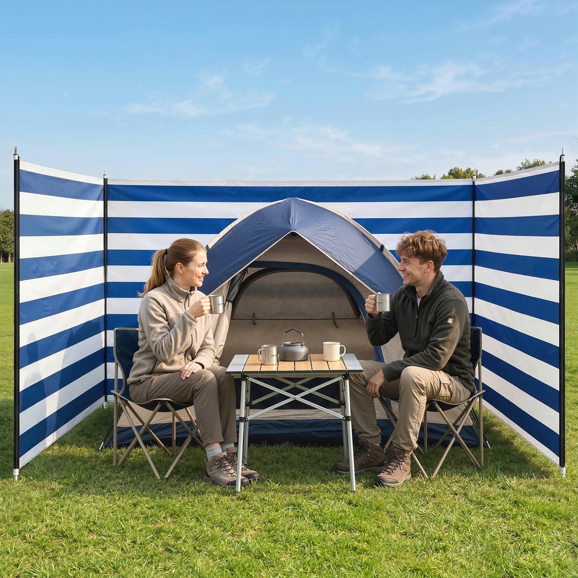 4 Pole Camping Windbreaks, Beach Wind Shield Shelter with Carry Bag and Steel Poles, 540cm x 150cm, Dark Blue