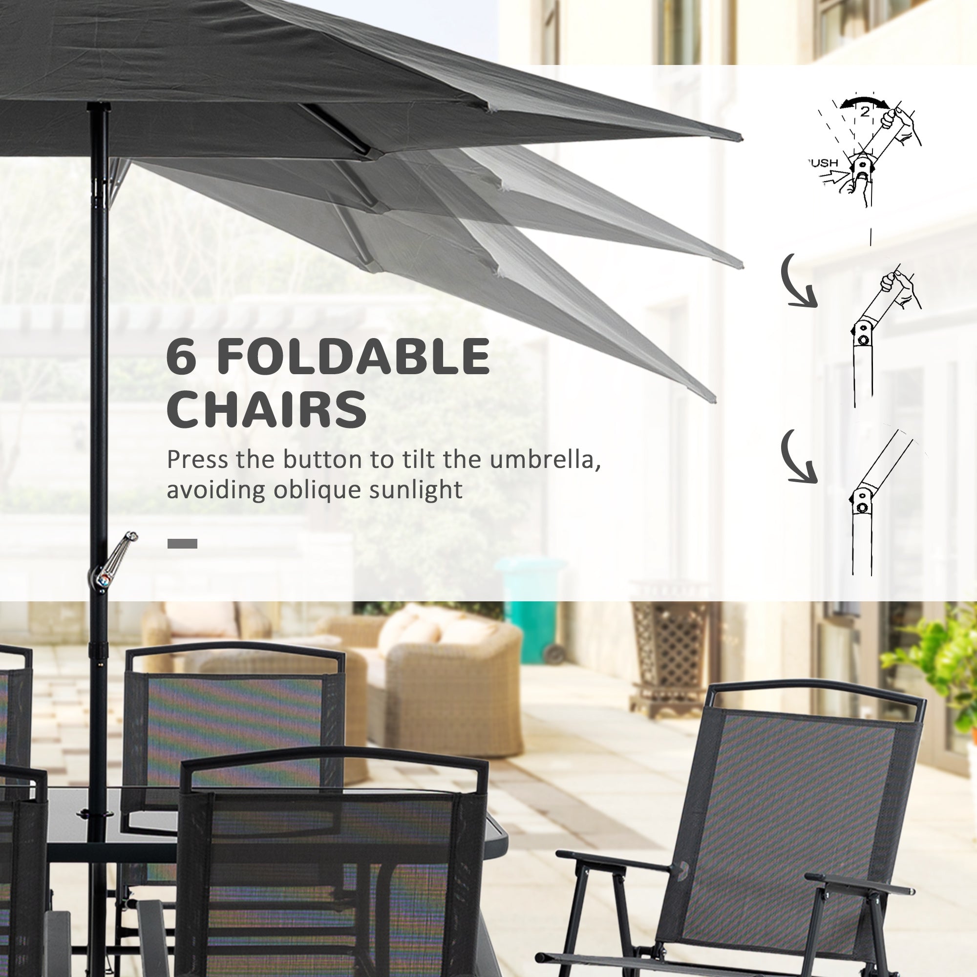 Eight-Piece Garden Dining Set, with Chairs, Table and Parasol - Black