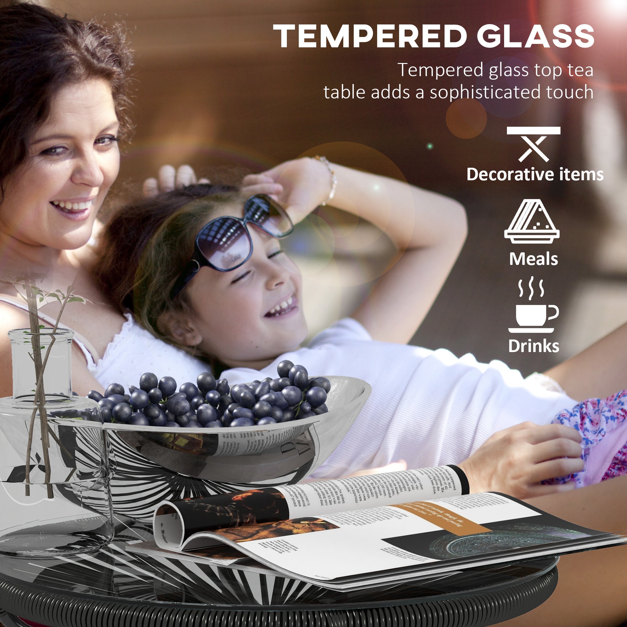 Rattan Side Table, Round Outdoor Coffee Table, with Round PE Rattan and Tempered Glass Tabletop for Patio, Garden, Balcony, Black