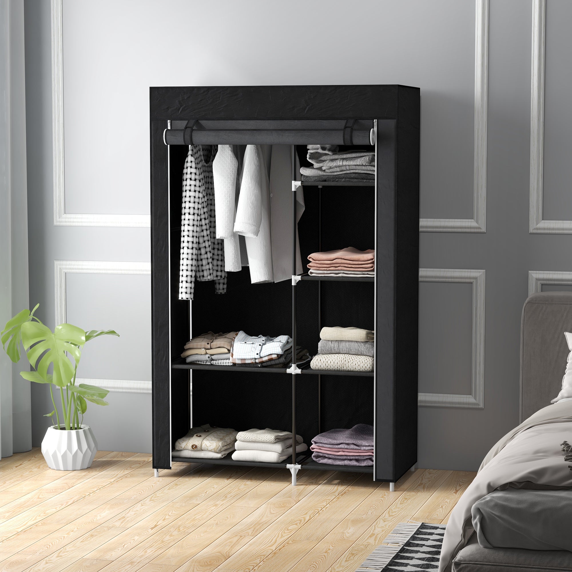 Fabric Wardrobe, Portable Wardrobe with 6 Shelves, 1 Hanging Rail, Foldable Closets, 103 x 43 x 162.5 cm, Black