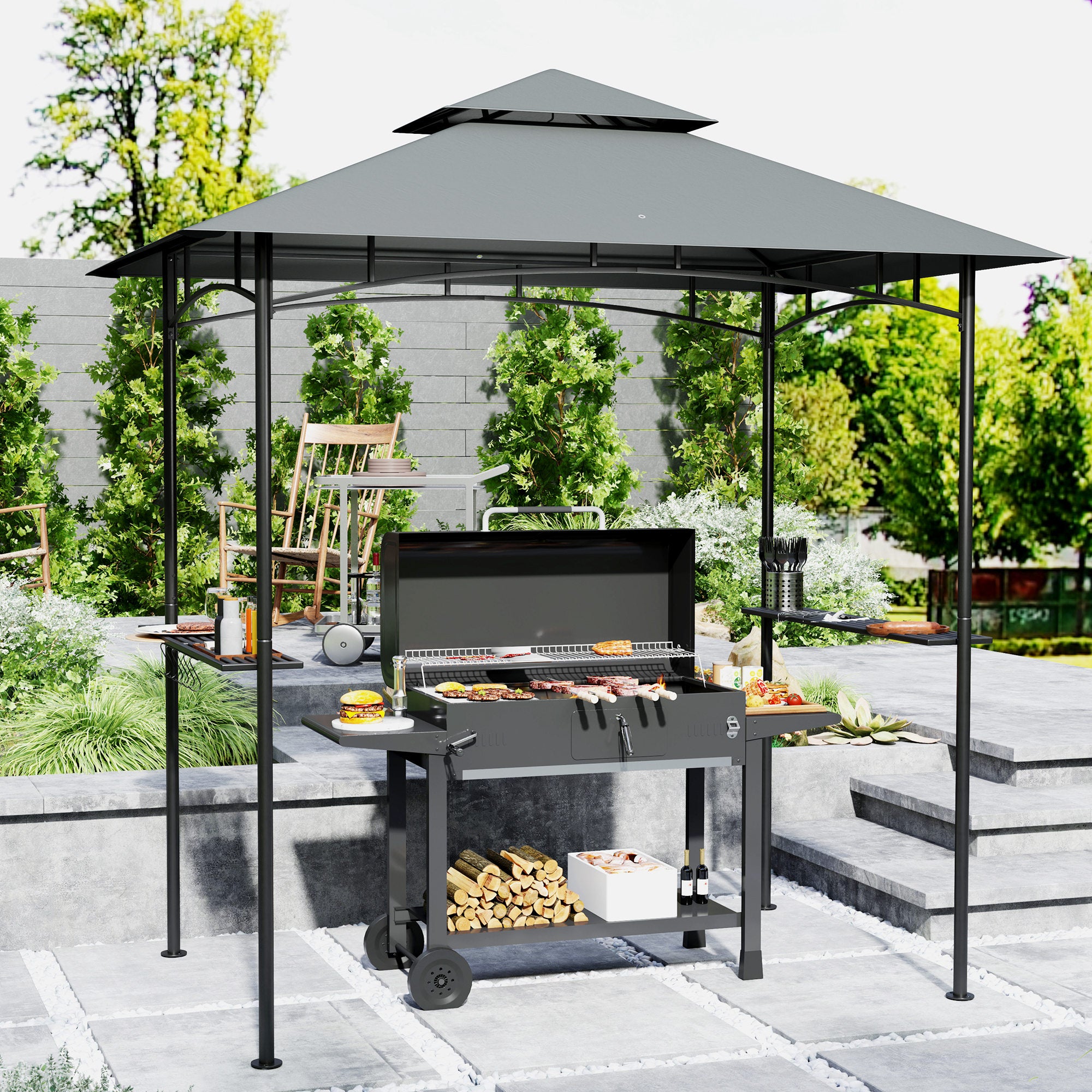 8 Foot Double Tiered BBQ Grill Gazebo with LED Lights Dark Grey
