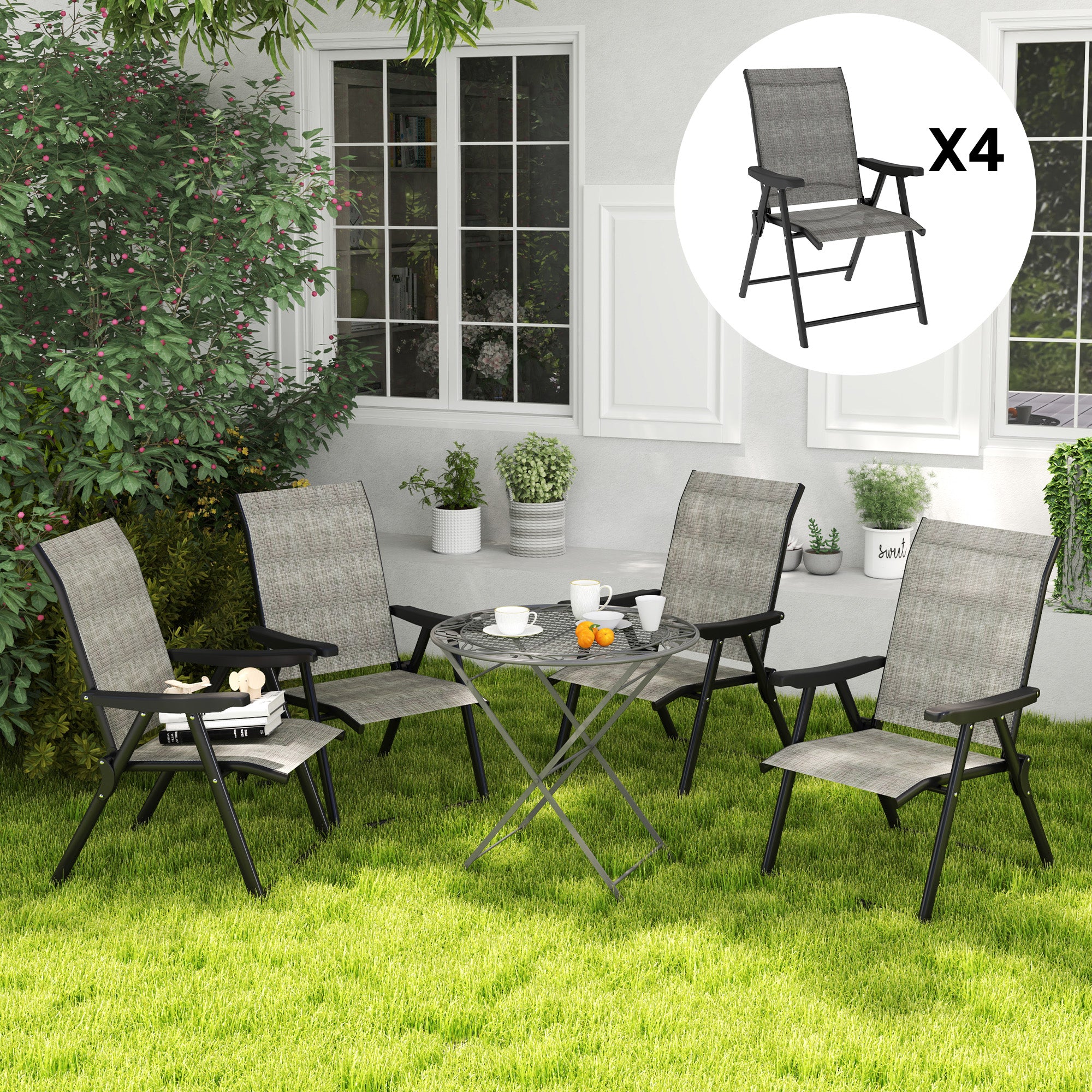 Set of 4 Folding Outdoor Chairs with Breathable Mesh Seats - Black Grey