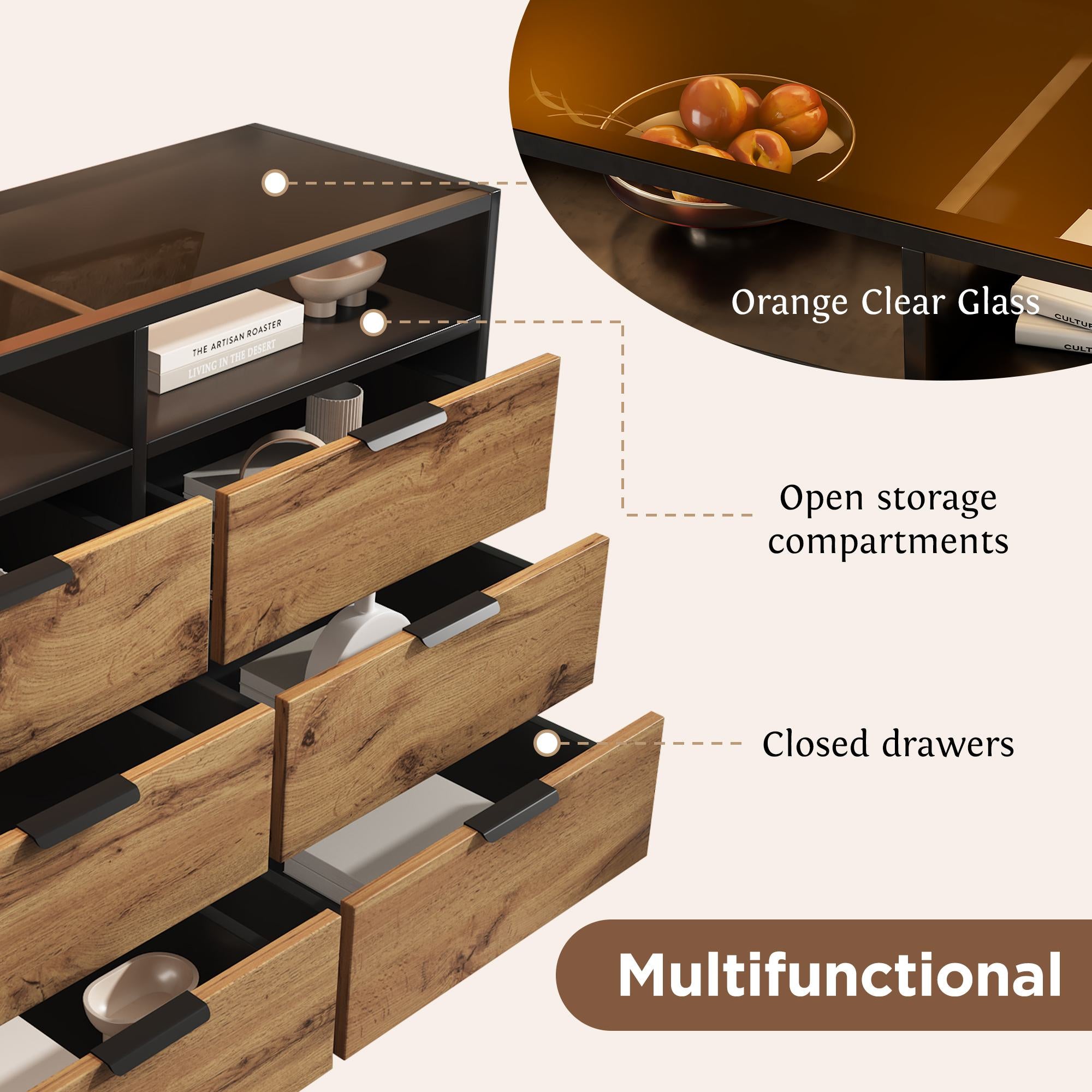 Sideboard Cabinet Dresser with 6 Drawers and 2 Open Shelves, Anti-tip, Dressing Storage Cabinet for Living Room, 120L x 40W x 80H cm, Oak