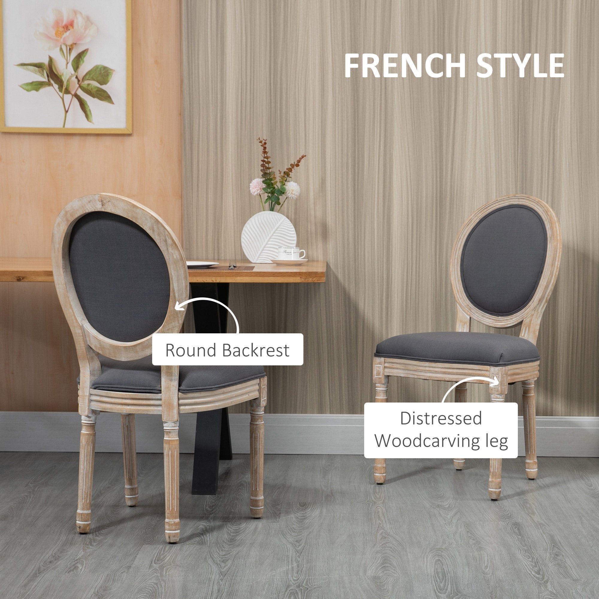 Set of Two French-Inspired Wooden Dining Chairs - Grey