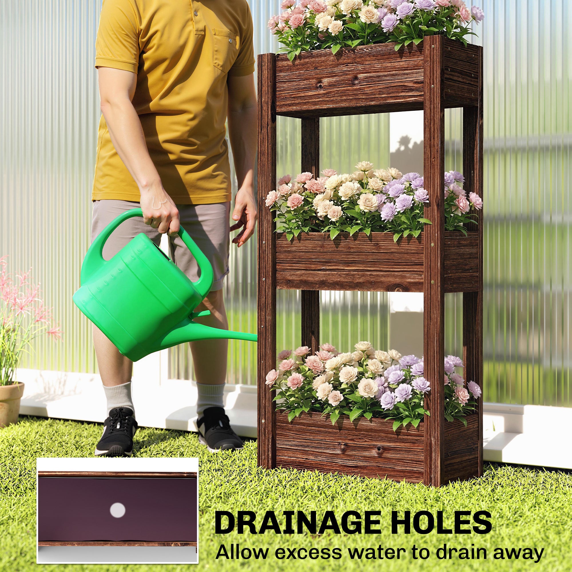 3-Tier Wooden Raised Planter, Raised Garden Bed on Legs with Drainage Holes and Bed Liner, Elevated Garden Planter