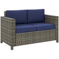 2 Seater Rattan Garden Sofa with Padded Cushions and Armrests - Navy Blue