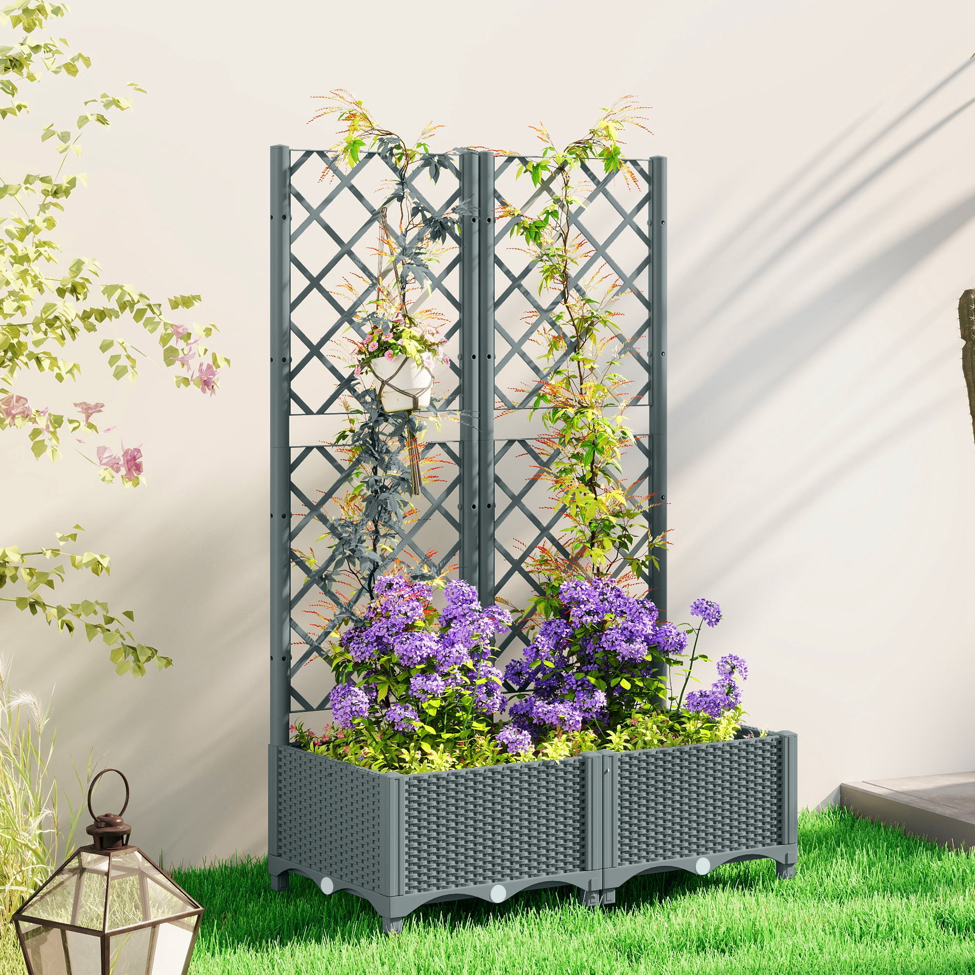 Raised Garden Bed with Trellis, Plastic Planter Box with Drainage Holes, Drain Plugs and Water Reservoirs for Climbing Plants, Vegetables, Flowers, Grey