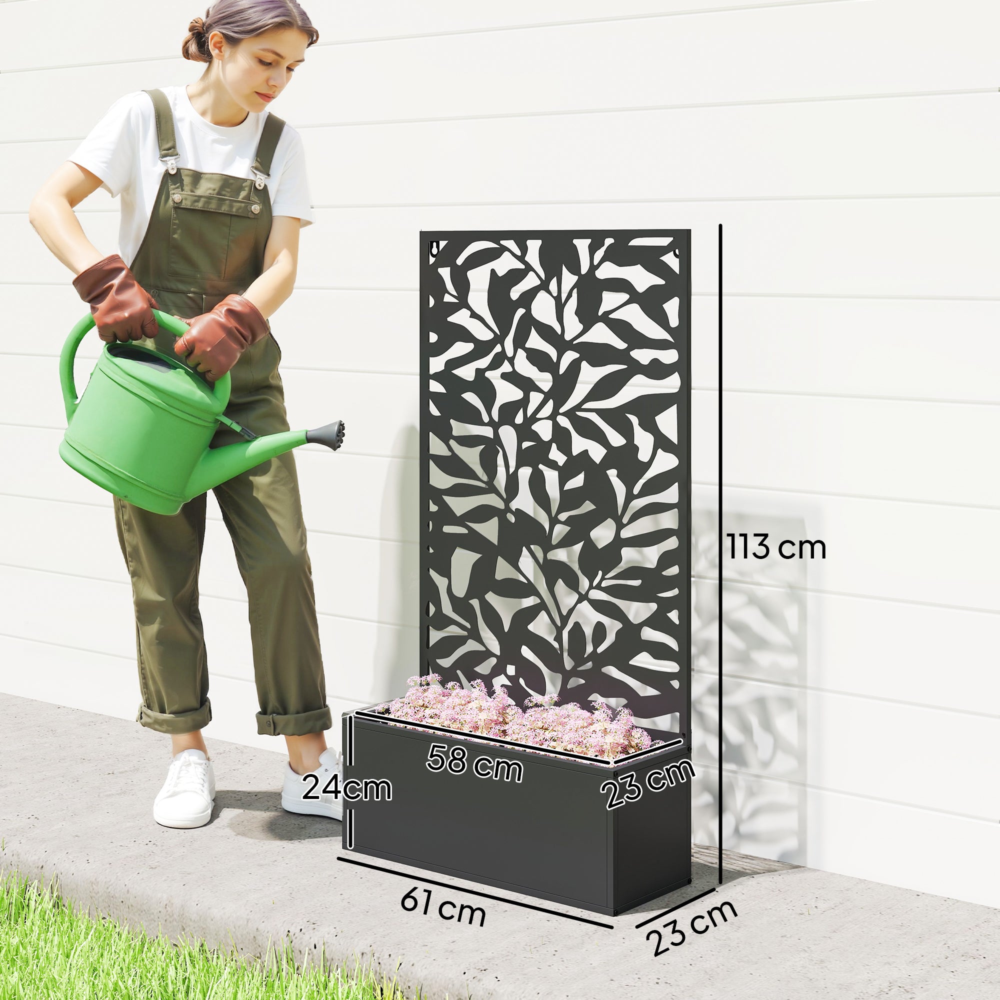 Metal Garden Bed with Trellis, Wall Mounted or Freestanding Raised Planter with Privacy Panel, Black
