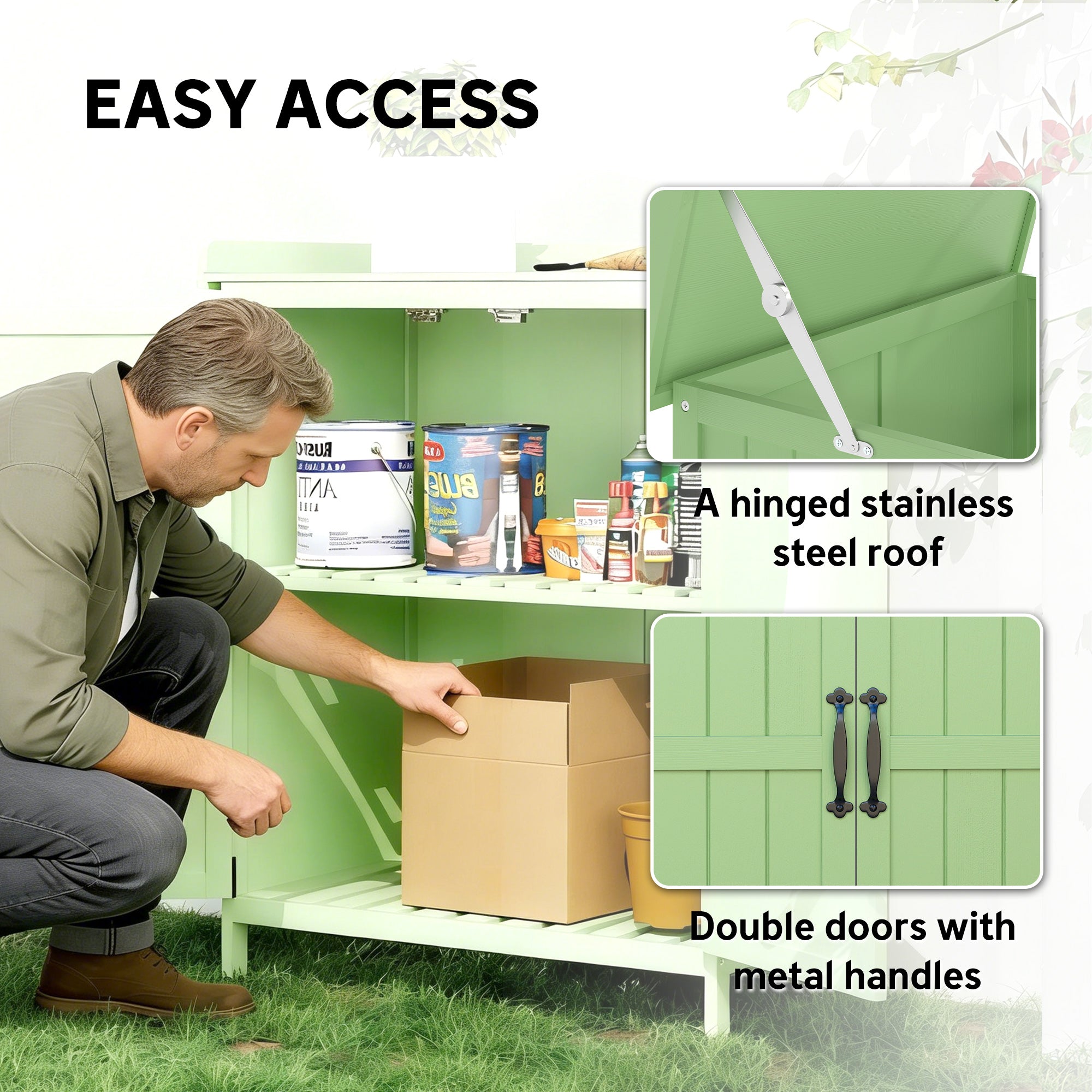 Wooden Garden Shed, Garden Tool Storage Shed with Hinged Roof and Shelf, Outdoor Storage Cabinet with Double Doors, Light Green
