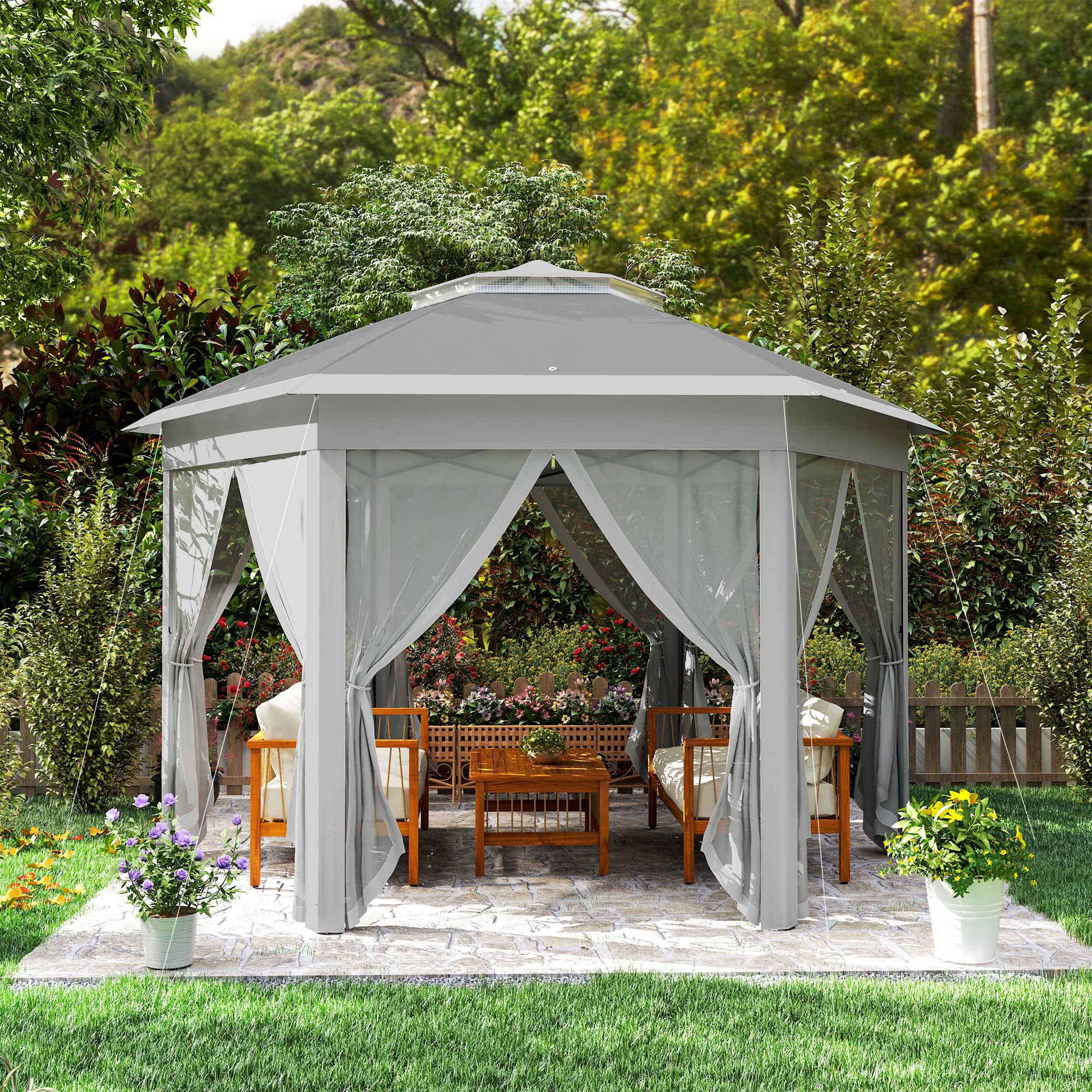 3 x 4m Garden Gazebo Set with Netting Double Roof Pop Up Shelter - Dark Grey