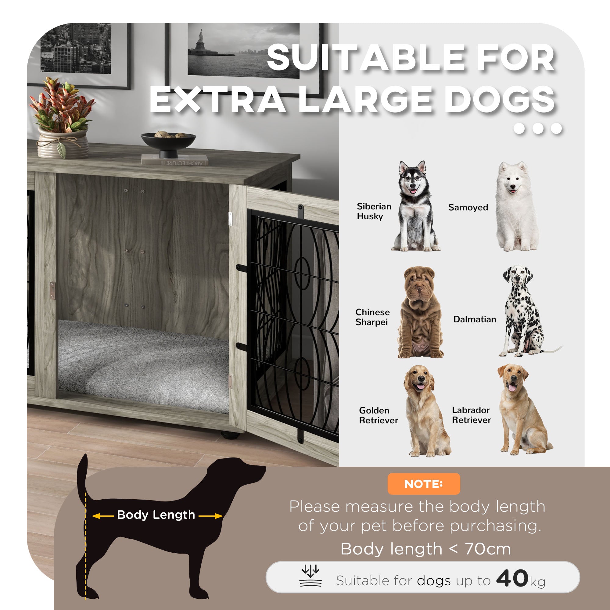 Extra Large Indoor Dog Crate Furniture End Table with Lockable Door and Washable Cushion - Grey