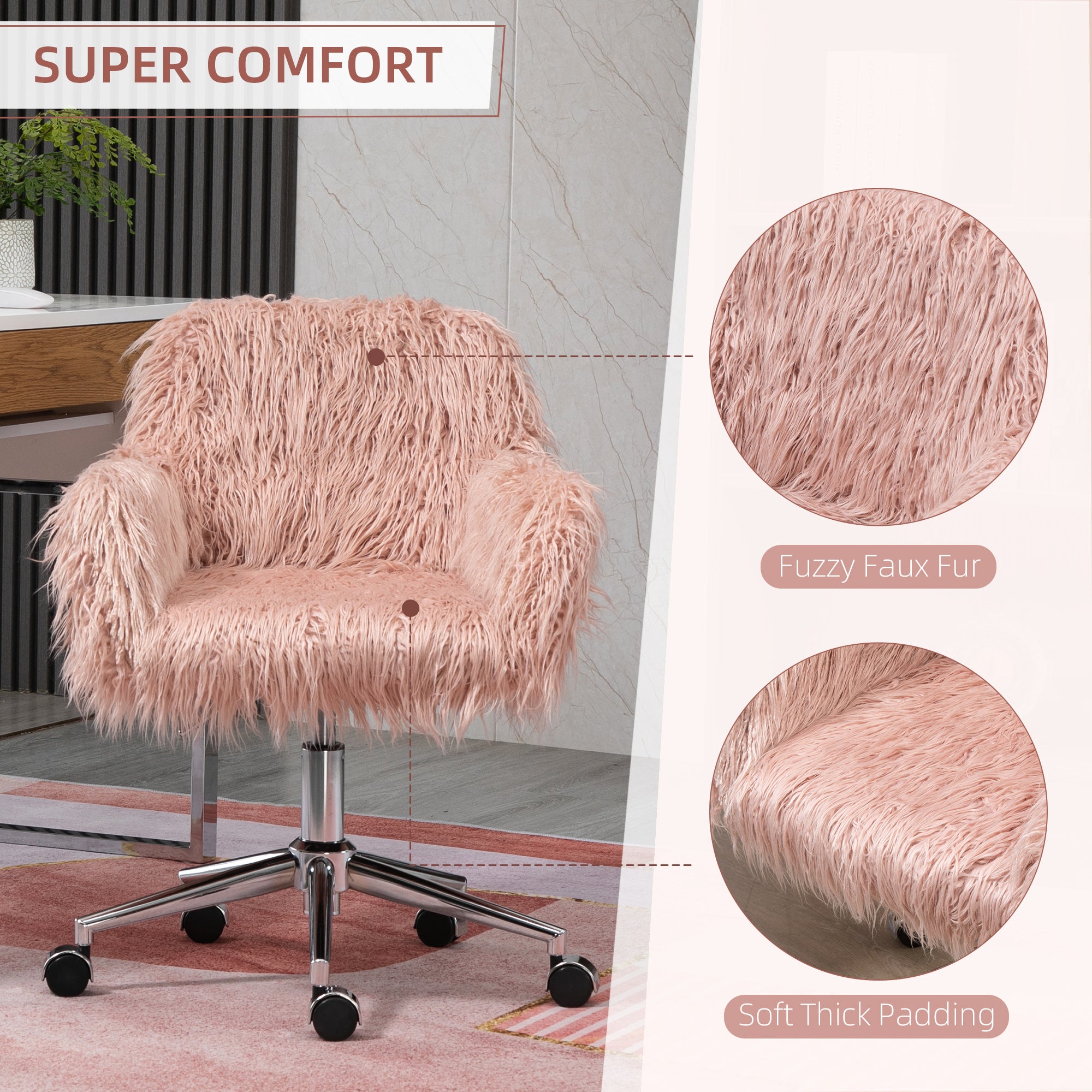Faux Fur Desk Chair, Rolling Swivel Makeup Chair with Adjustable Height, Armrets for Home Office, Bedroom, Pink
