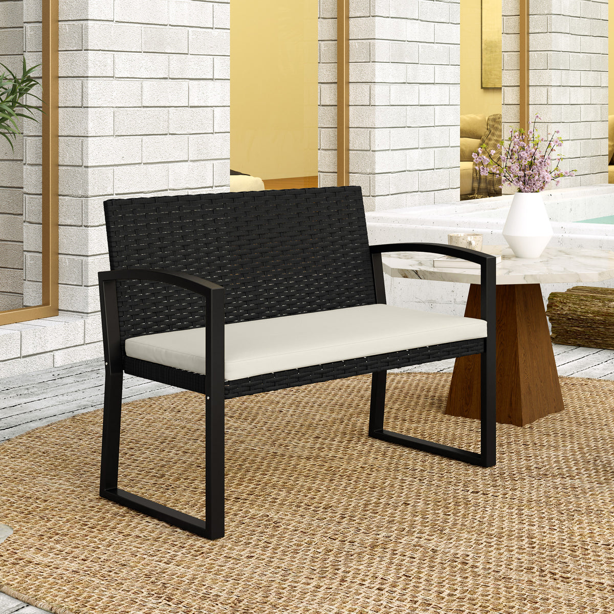 Two-Seater Rattan Garden Bench with Cushion - Beige/Black