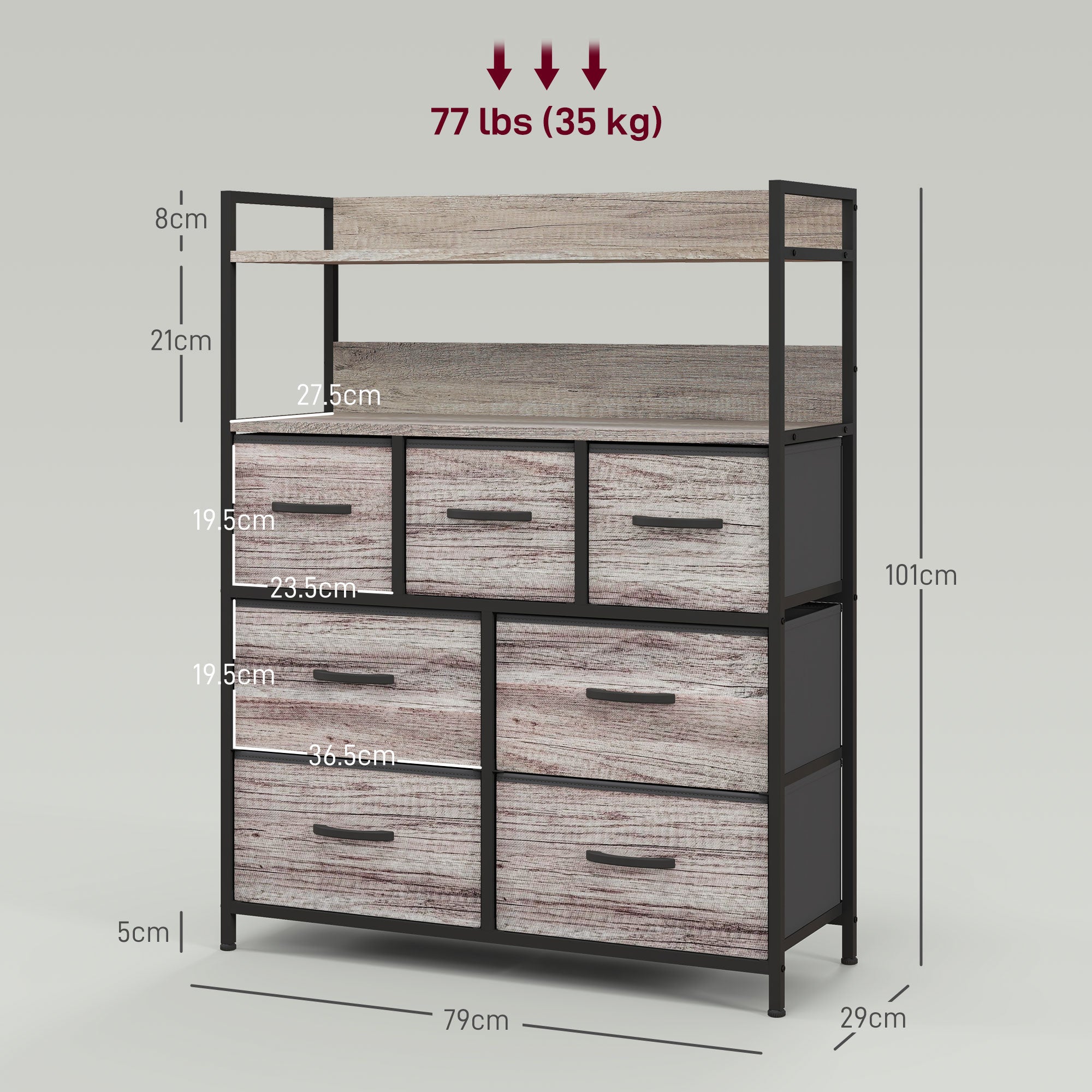 Rustic Chest of Seven Fabric Drawers - Grey Wood Effect