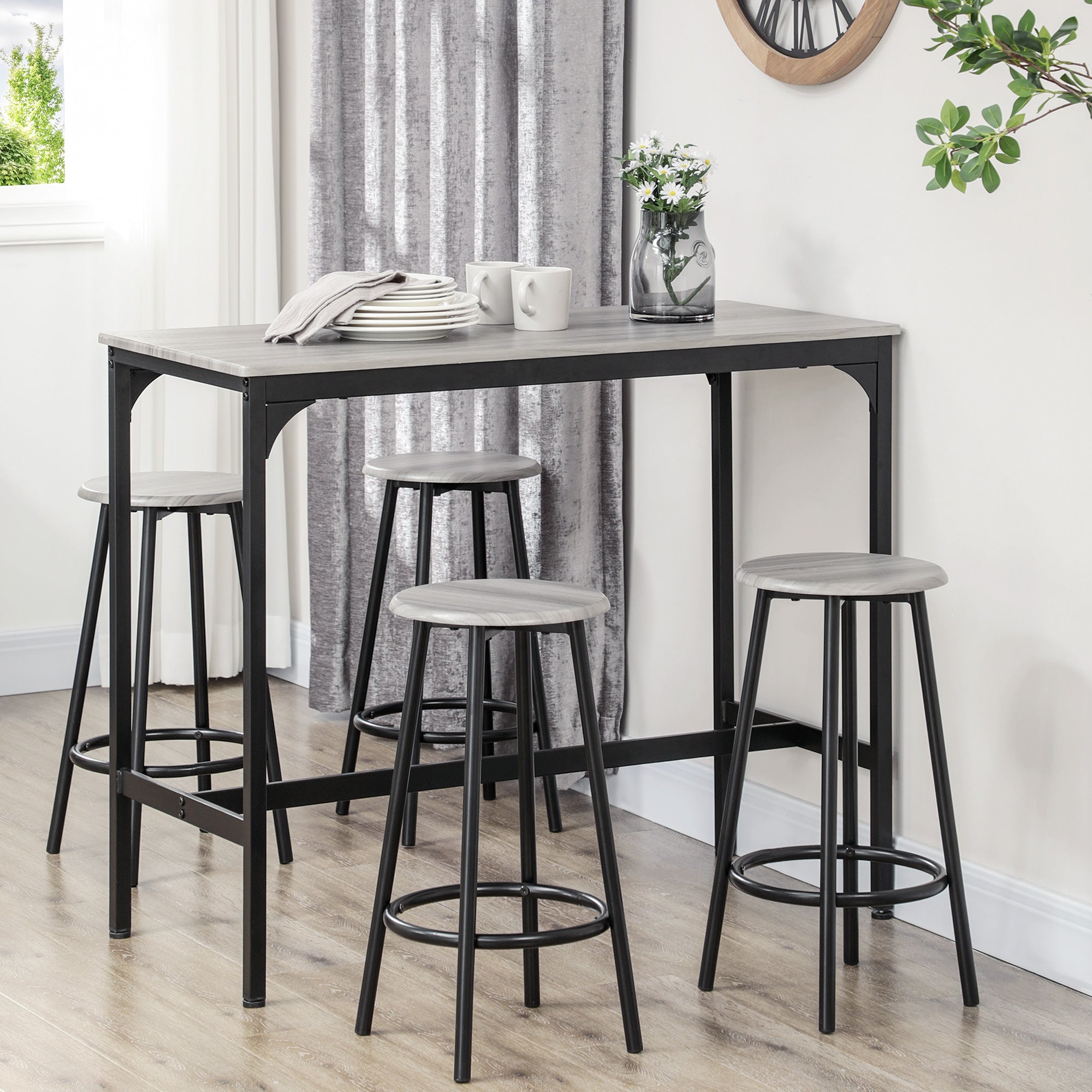 Five-Piece Industrial-Style Bar Table Set - Grey/Black