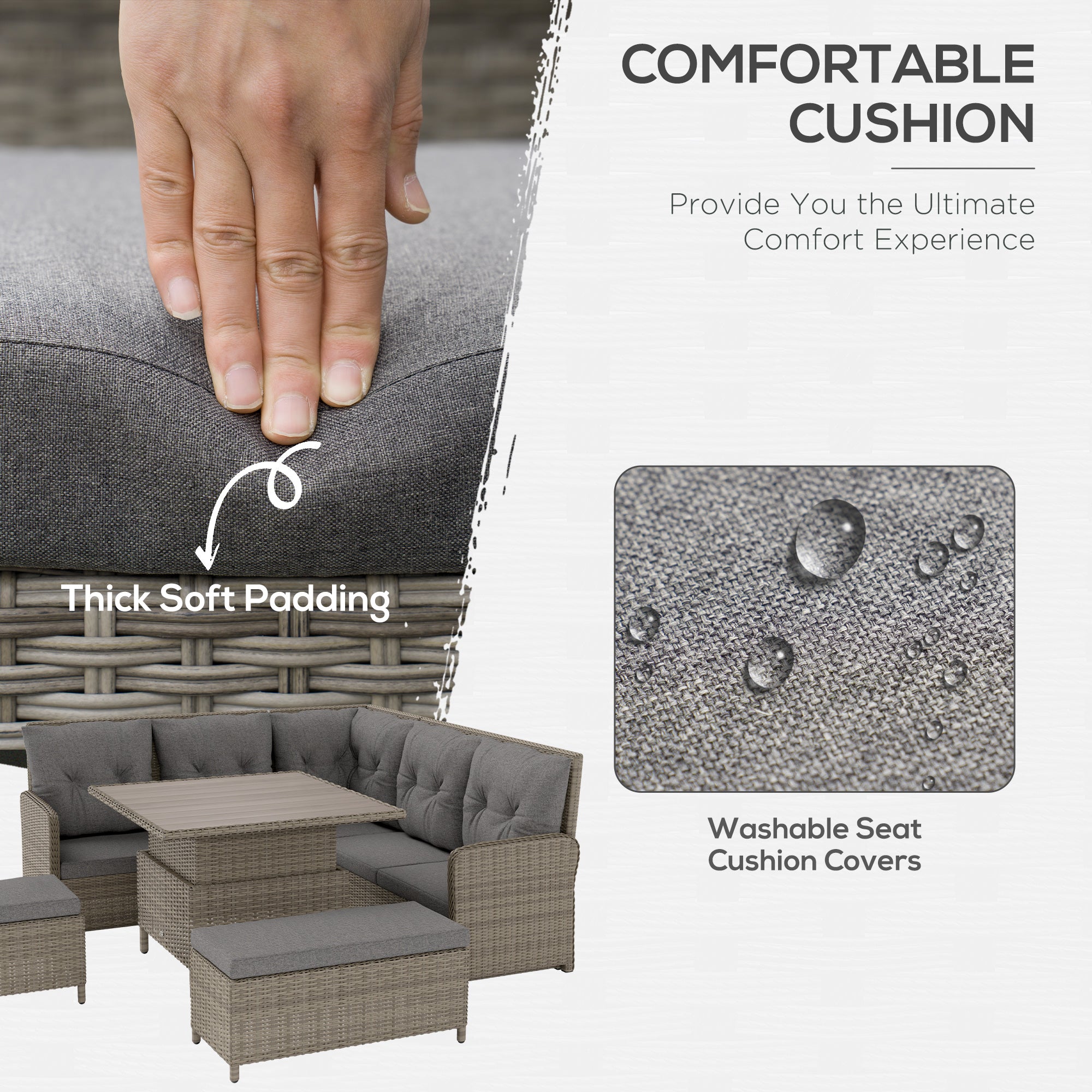 6 Pieces Outdoor PE Rattan Garden Furniture, Patio Wicker Sectional Conversation Corner Sofa w/ Soft Padded Cushion & Liftable Coffee Table, Light Grey