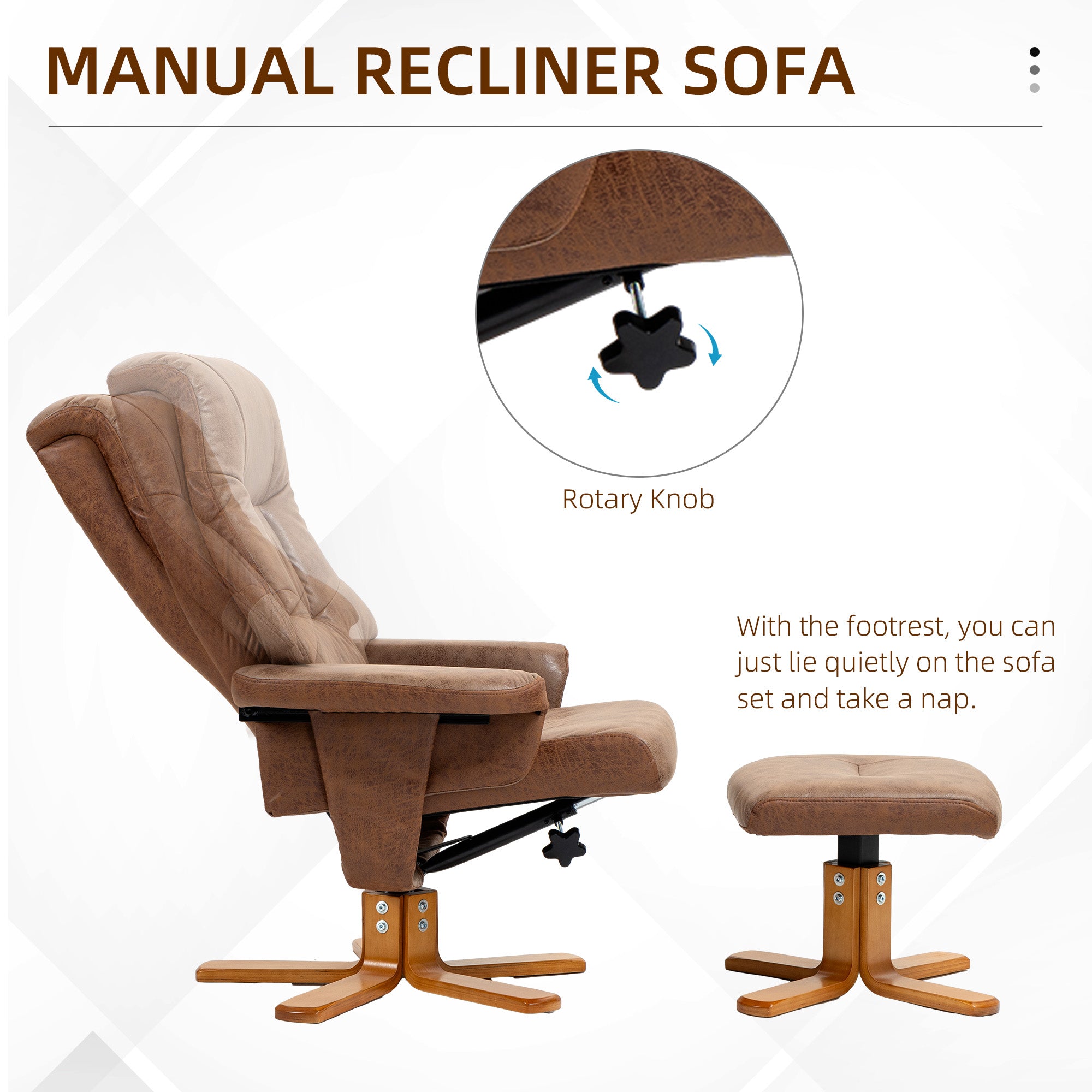 Recliner Chair With Footstool, Swivel Lounge Armchair, 135° Reclining Chair With Soft Padded Seat and Armrest For Living Room, Bedroom, Brown