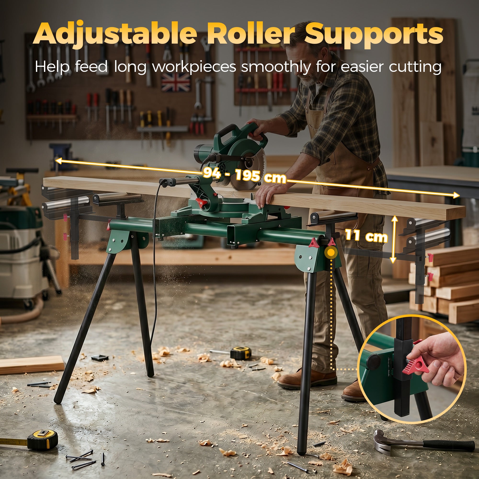 Universal Mitre Saw Stand with Adjustable Rollers and Support Arms, Portable Miter Saw Stand with Folding Legs