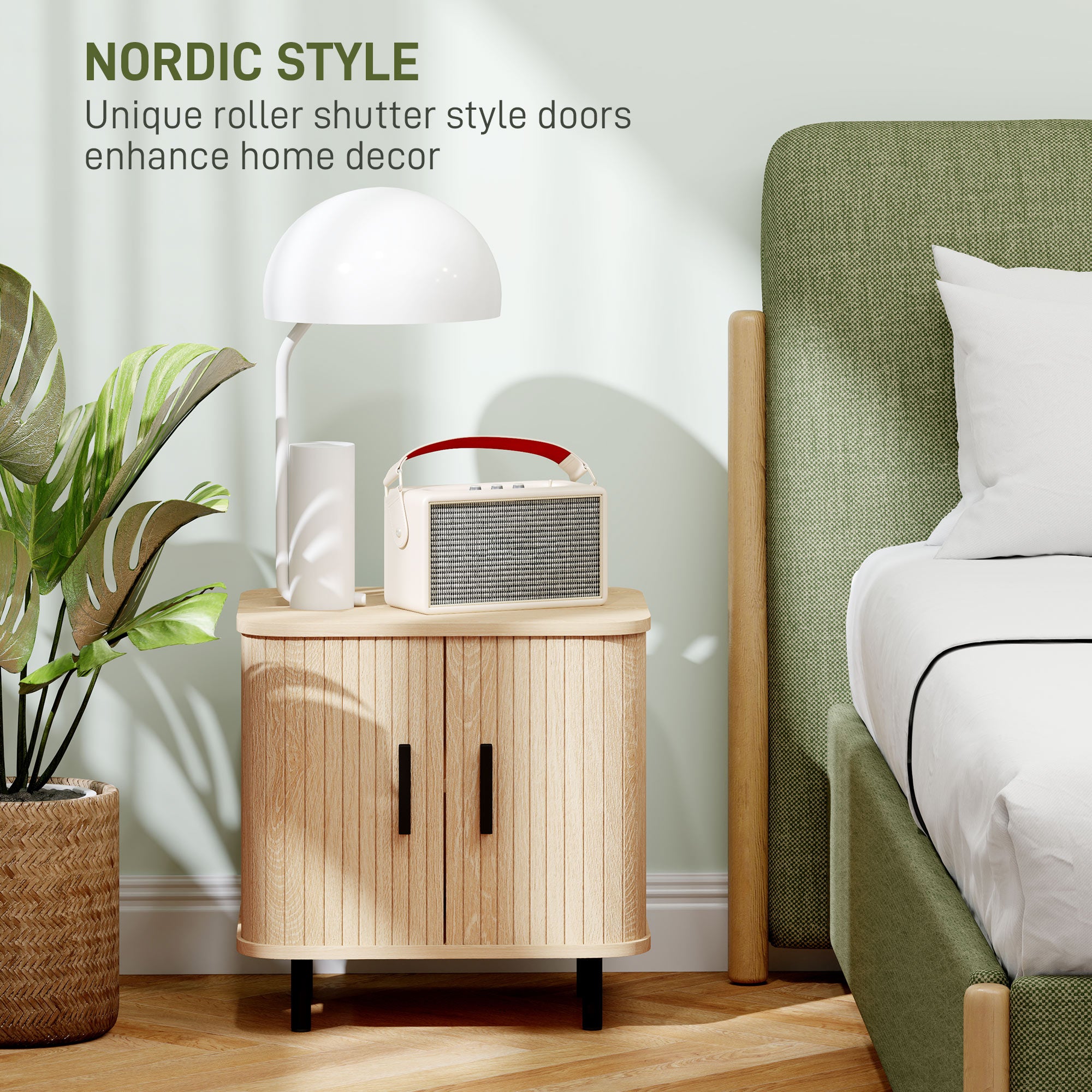 Bedside Table, Nordic Side Table with Roller Shutter Style Sliding Doors and Metal Legs for Bedroom, Living Room, Oak Tone