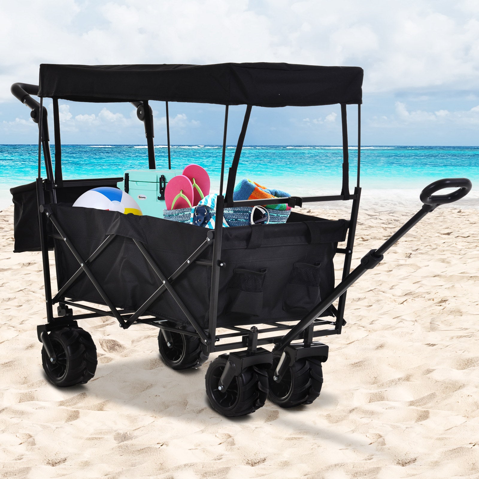 Folding Trolley Cart Storage Wagon Beach Trailer 4 Wheels with Handle Overhead Canopy Cart Push Pull For Shopping Camping Garden - Black