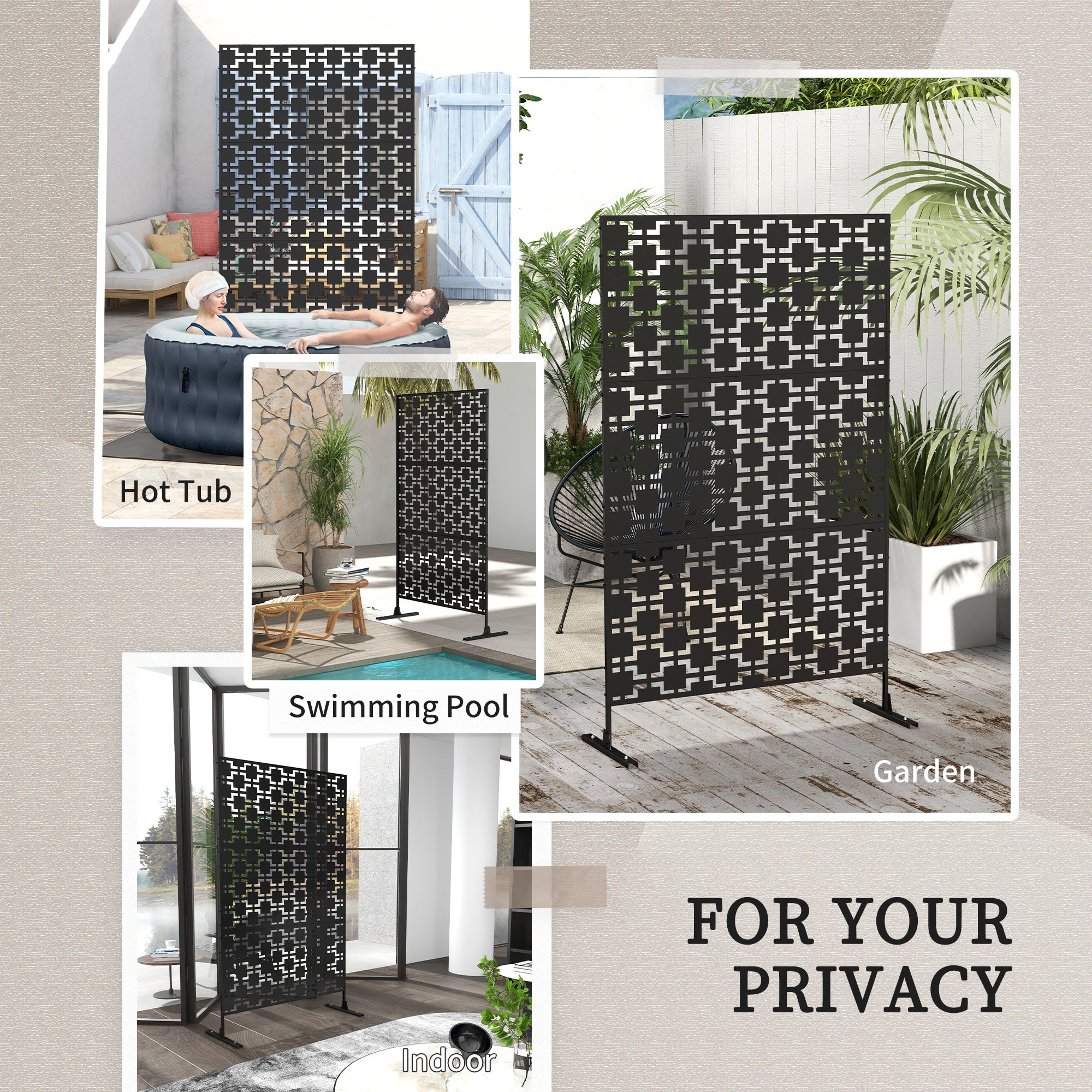 Metal Decorative Privacy Screen Outdoor Divider, Black Grid