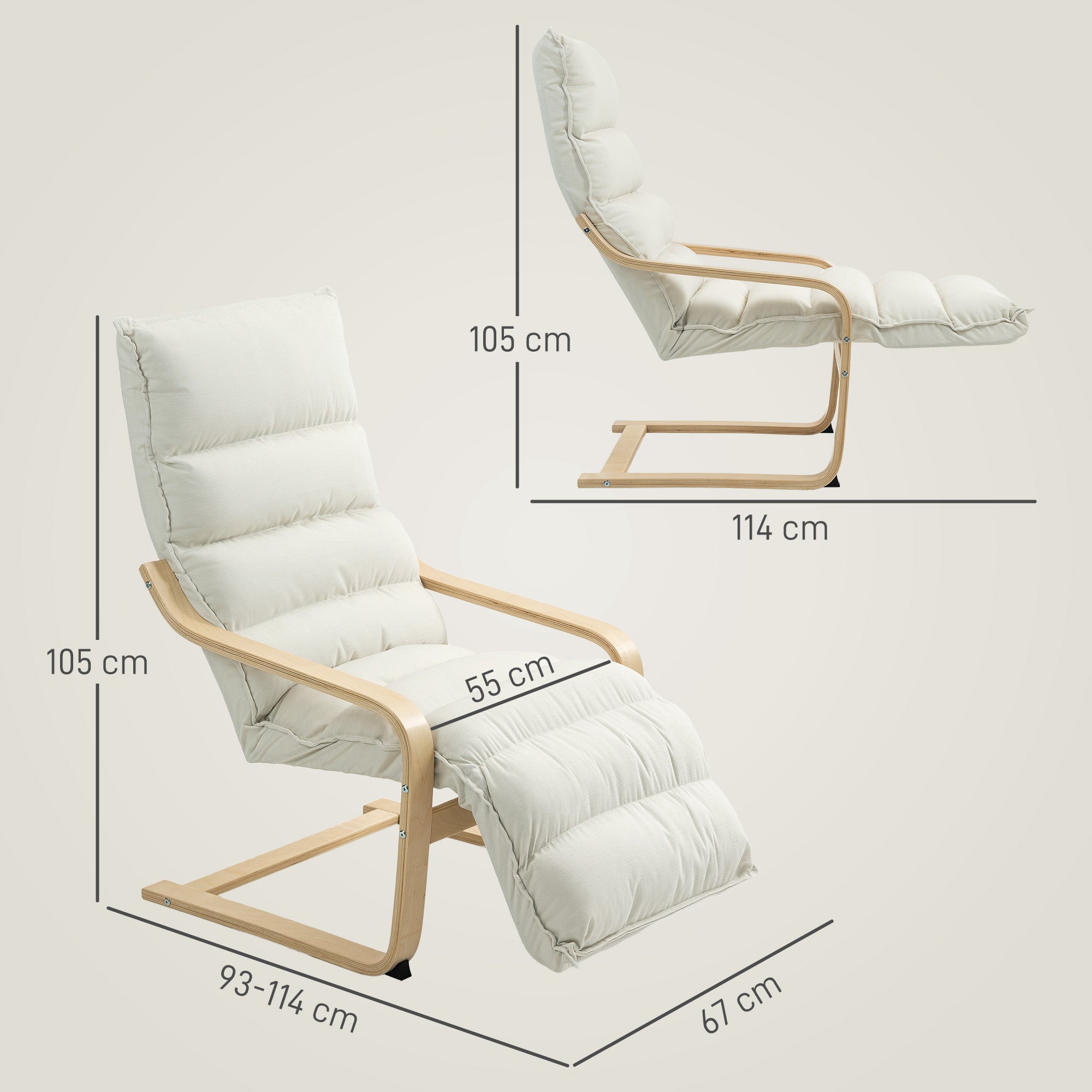 Curved Wooden Accent Lounge Chair with Adjustable Footrest - Cream White