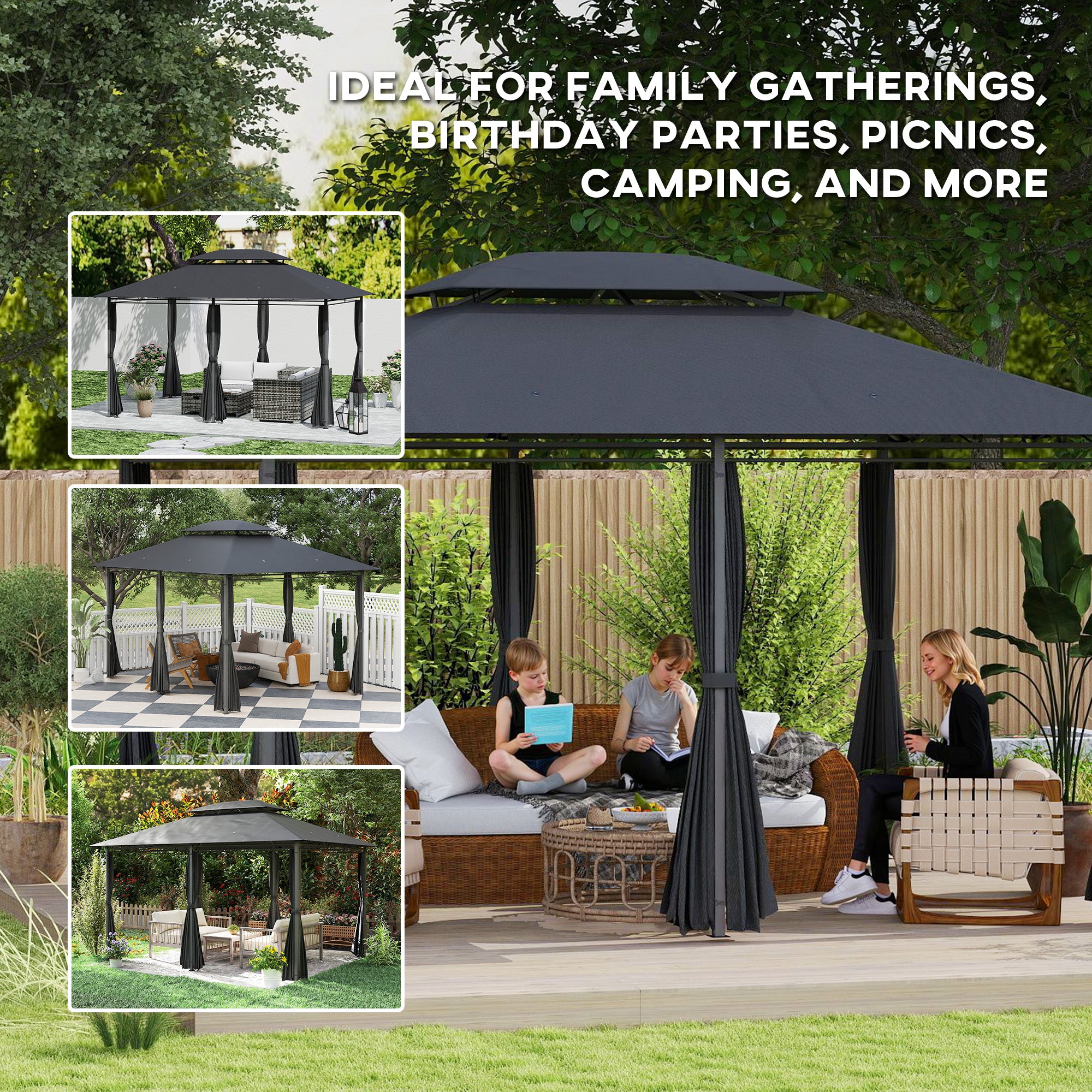 3 x 4m Steel Gazebo, with Curtains - Black