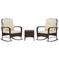 3 Piece Rattan Rocking Chair Bistro Set with Glass Table - Brown
