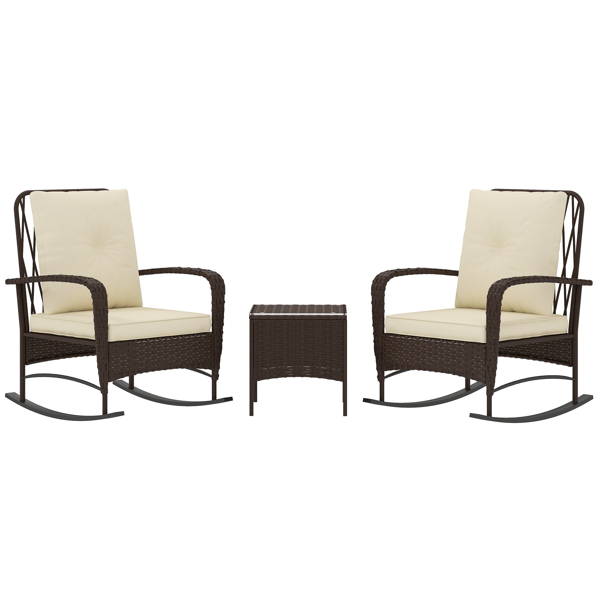 3 Piece Rattan Rocking Chair Bistro Set with Glass Table - Brown