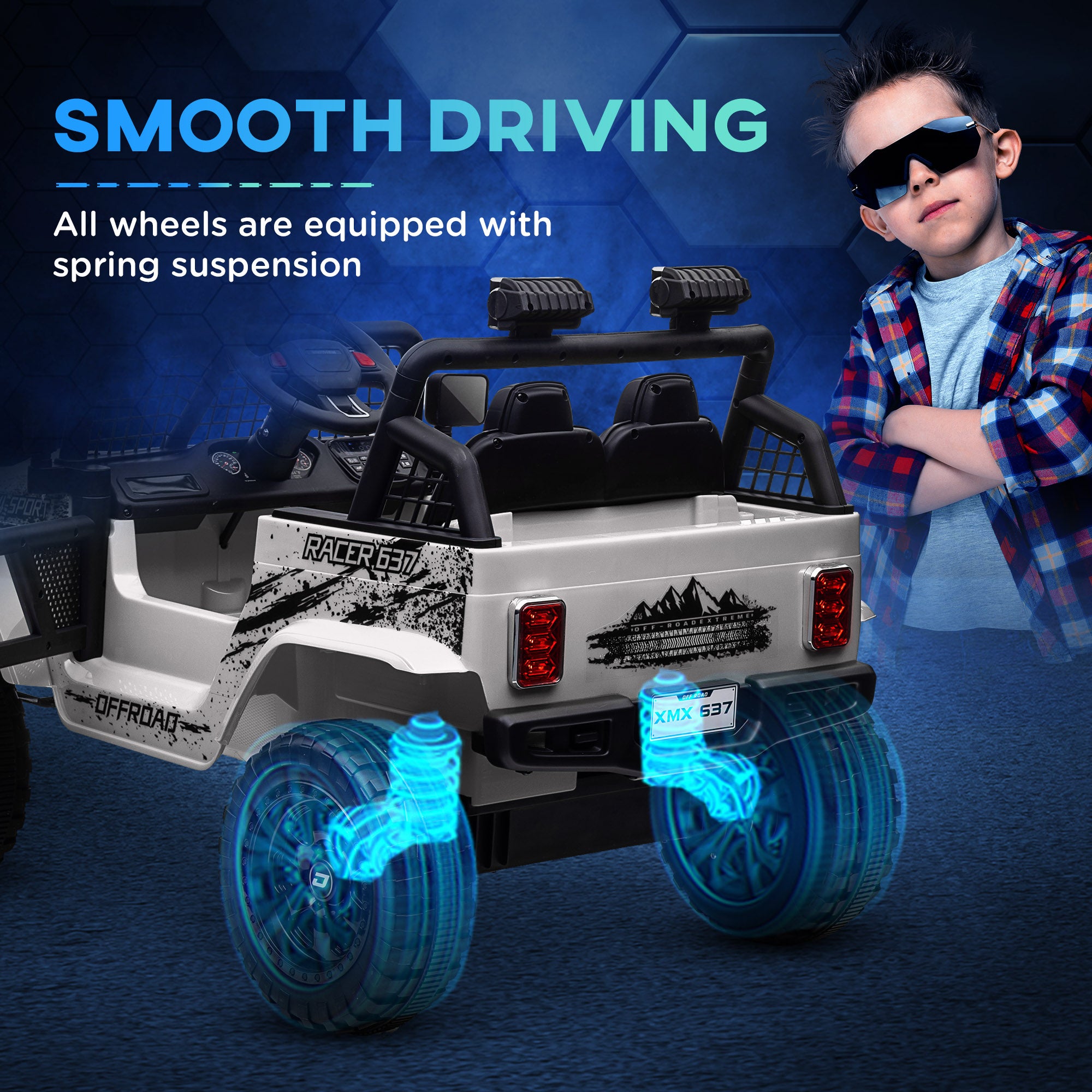 12V Battery Powered Kids Ride-On Car, Electric Truck w/ Spring Suspension, Remote, Music, Horn, Lights, White