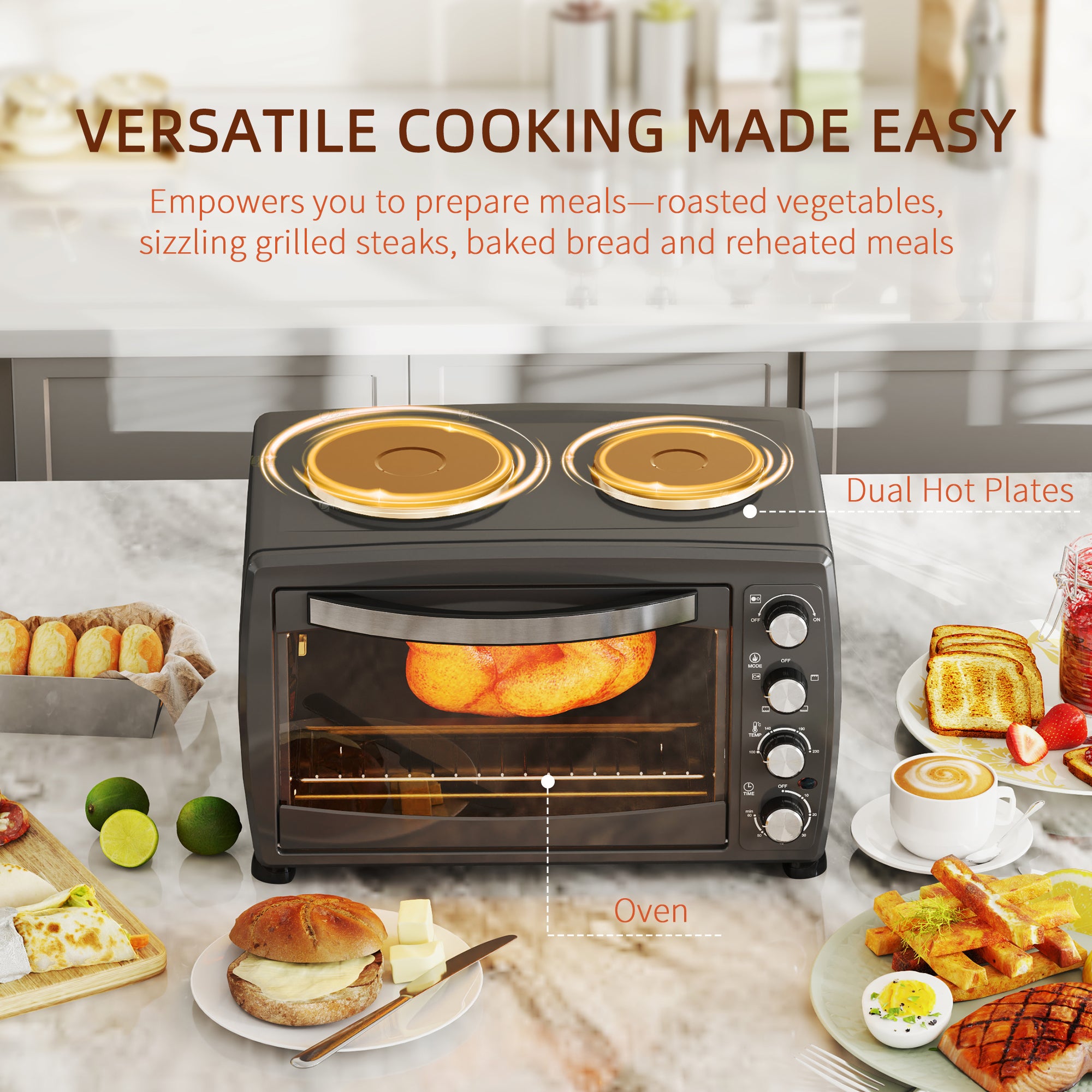 36L Small Oven with 2 Hot Plates, Countertop Toaster Oven, Grill, Roast, Bake, Boil, with Timer, Adjustable Temperature, Electric Oven with Baking Tray, Grill Rack, Crumb Tray, 2600W, Black