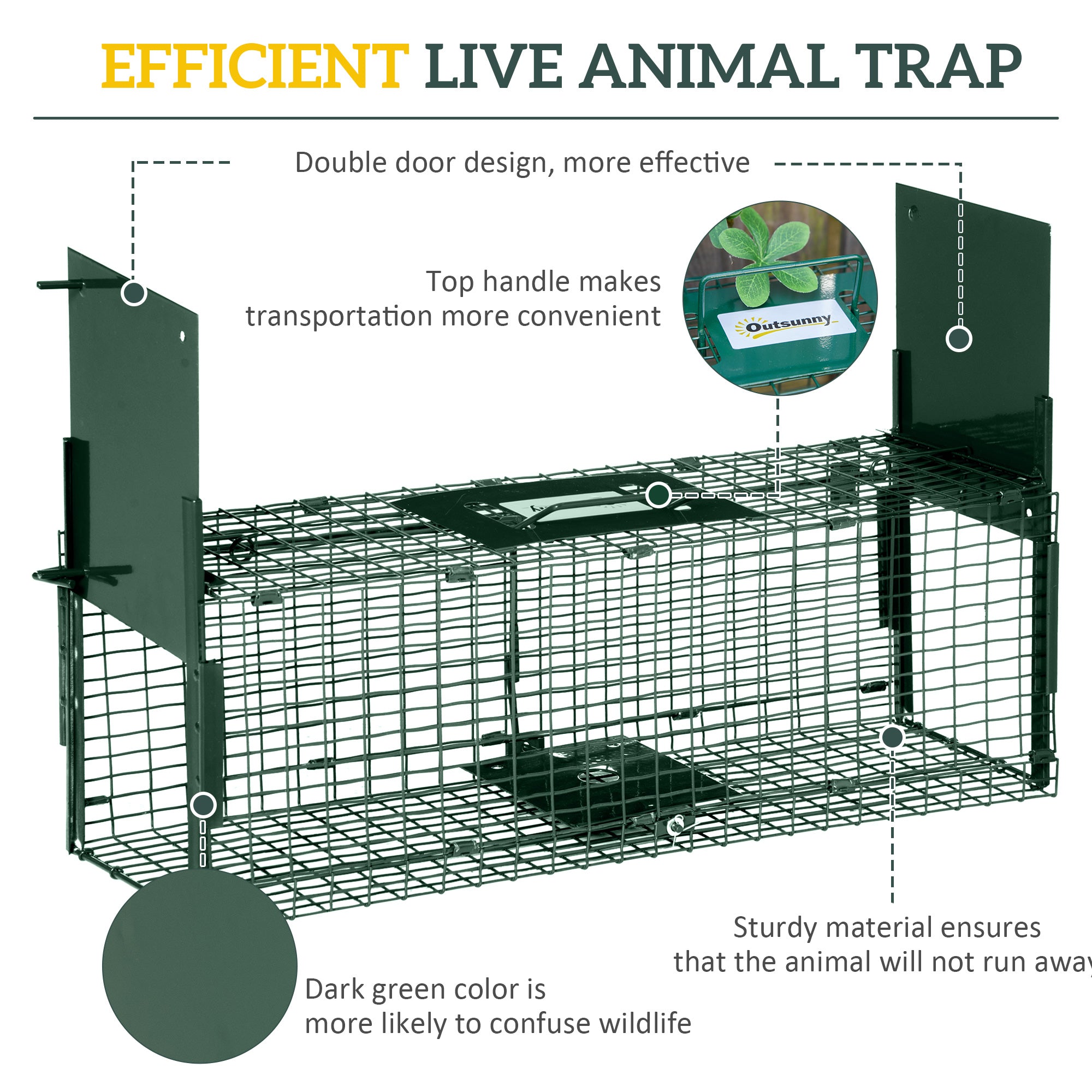 Animal Trap Cage, Humane Rat Trap with Double Doors, Squirrel Trap for Indoors & Outdoors, Catch and Release Mice, Rats, Rodents, 60 x 18 x 20 cm, Green