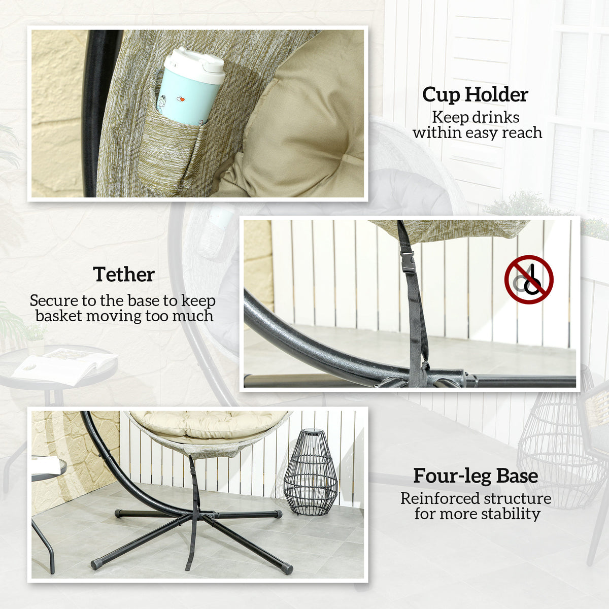 Hanging Egg Swing Chair with Stand and Thick Cushion - Khaki