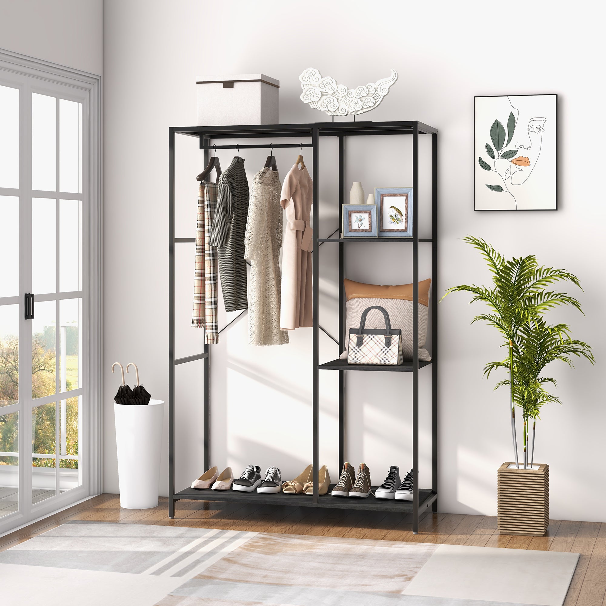 Steel Frame Clothes Storage Rack, with Shelves - Black