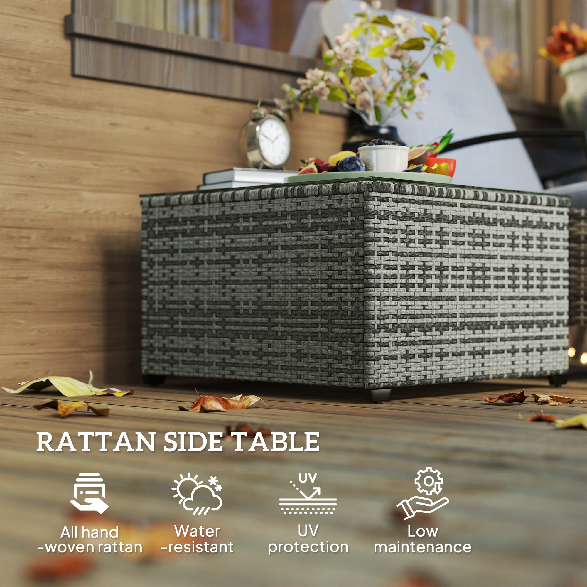 62 x 62cm Rattan Side Table with Glass Top - Light Grey