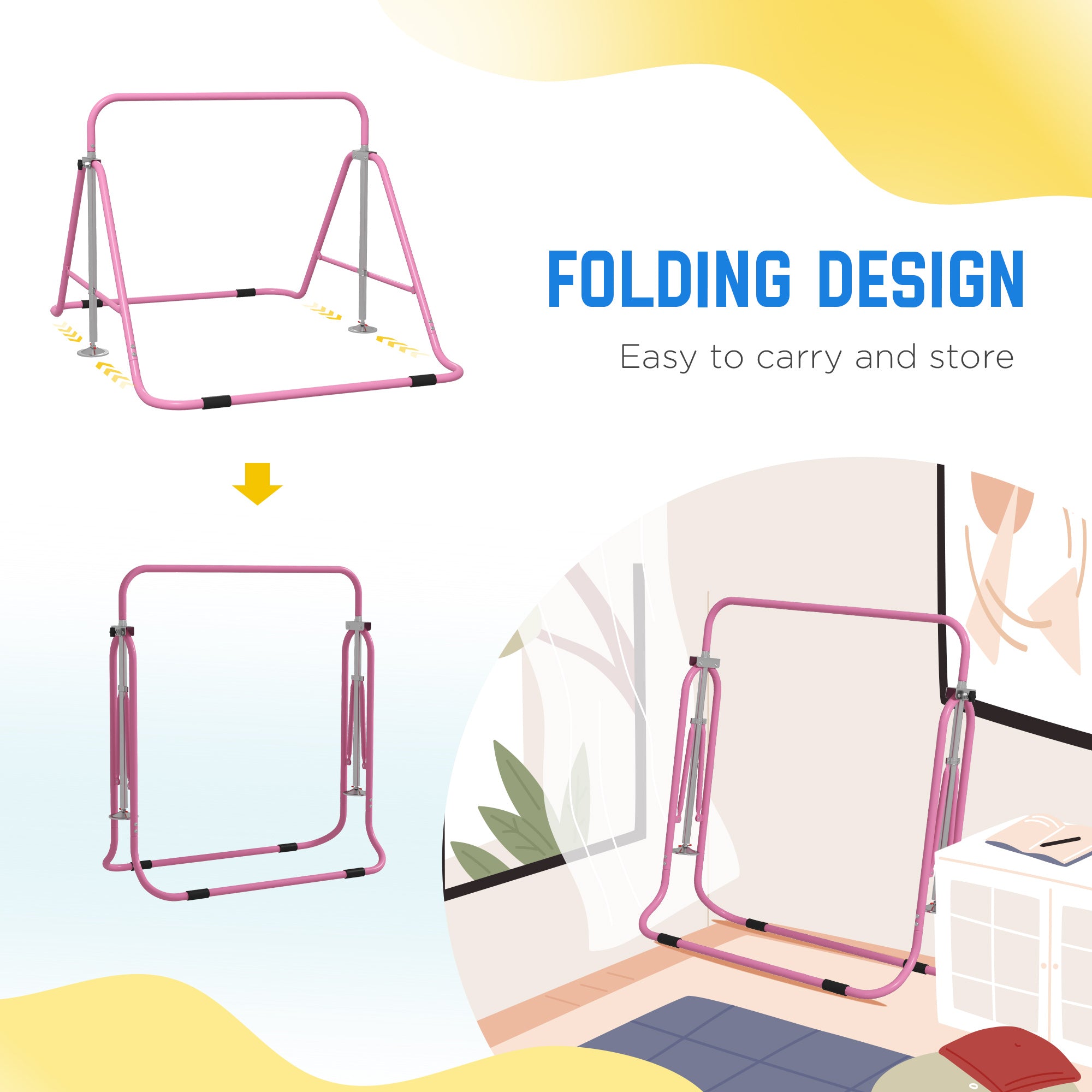 Adjustable Foldable Kids Gymnastic Bar with Horizontal Bars - Pink