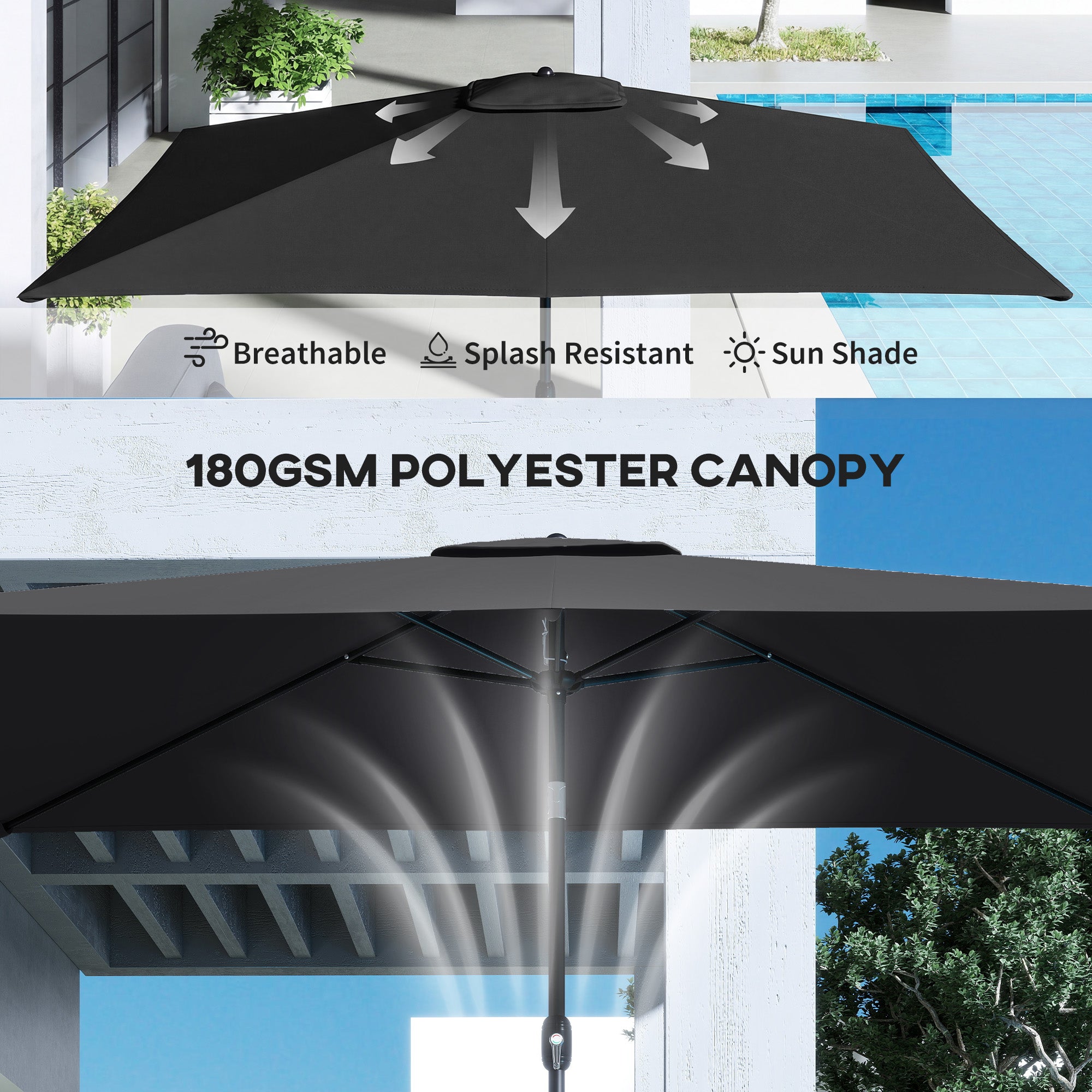 Garden Parasol, Parasol Umbrella with Crank Handle, Tilt Function, Polyester Canopy, Black