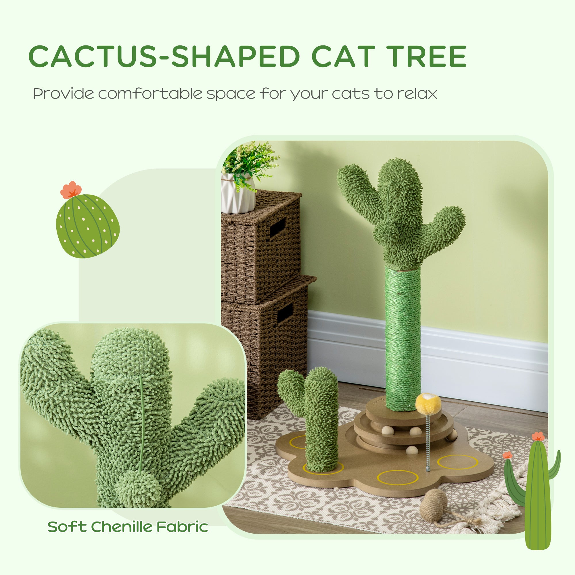60cm Chenille Cat Tree, with Interactive Toy Balls, Sisal Scratching Posts - Green