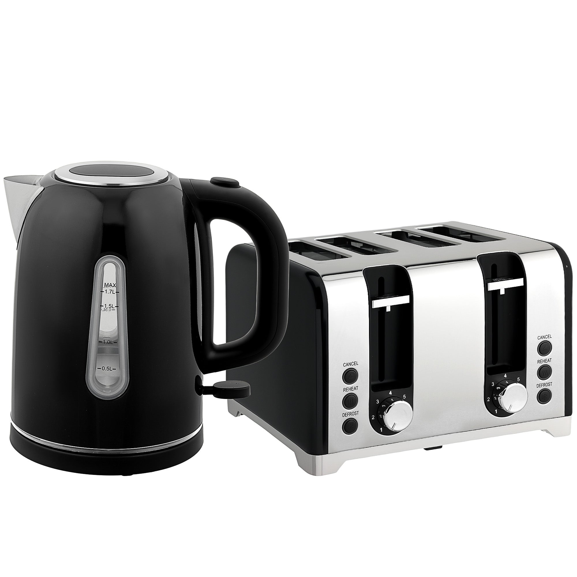 Kettle and Toaster Set, 1.7L 3000W Rapid Boil Jug Kettle with Otter Thermostat, Limescale Filter, 4 Slice Toaster with 7 Browning Controls, Crumb Tray, LED Strip, Black