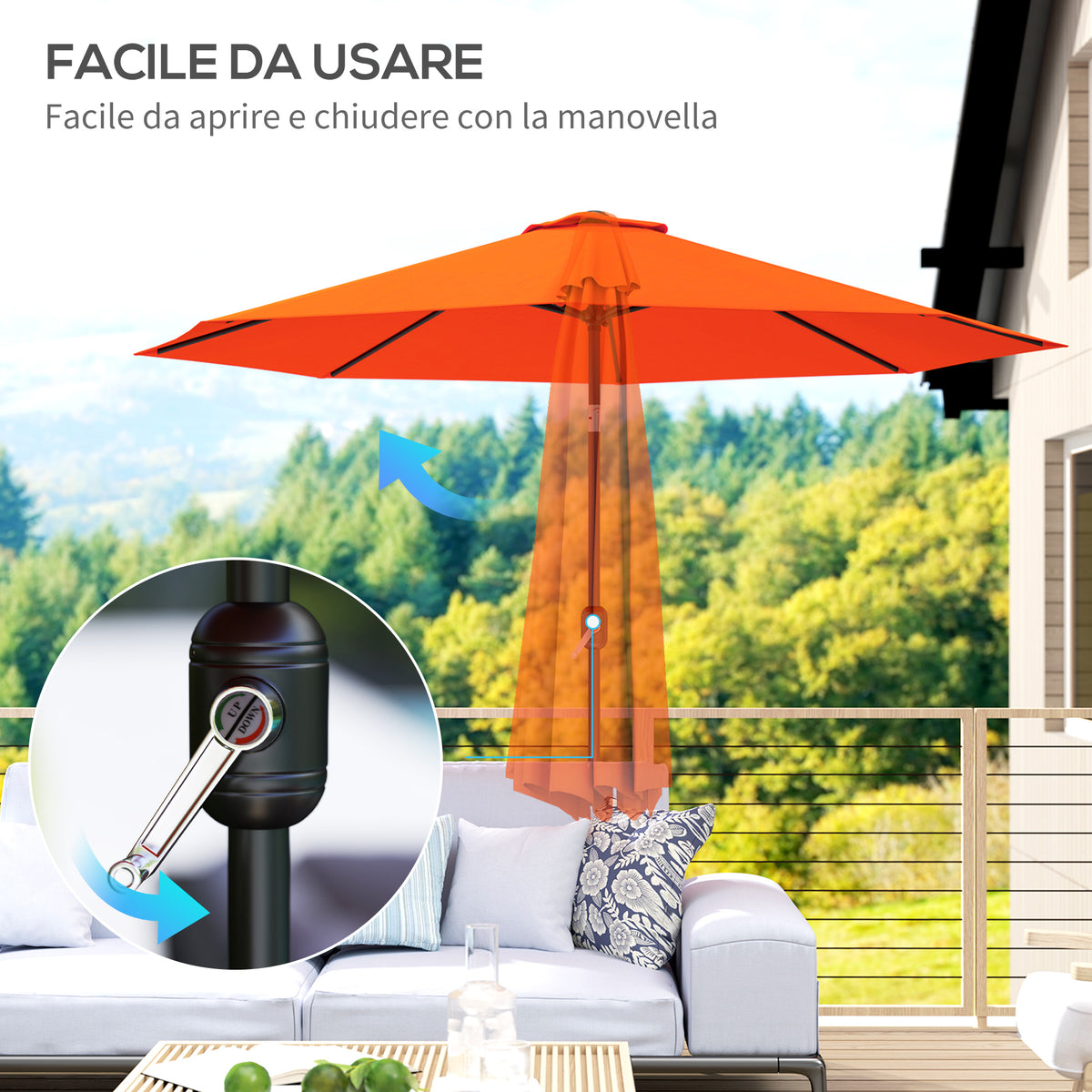 3m Garden Parasol Umbrella with 8 Ribs, Tilt & Crank Handle for Balcony & Garden - Orange
