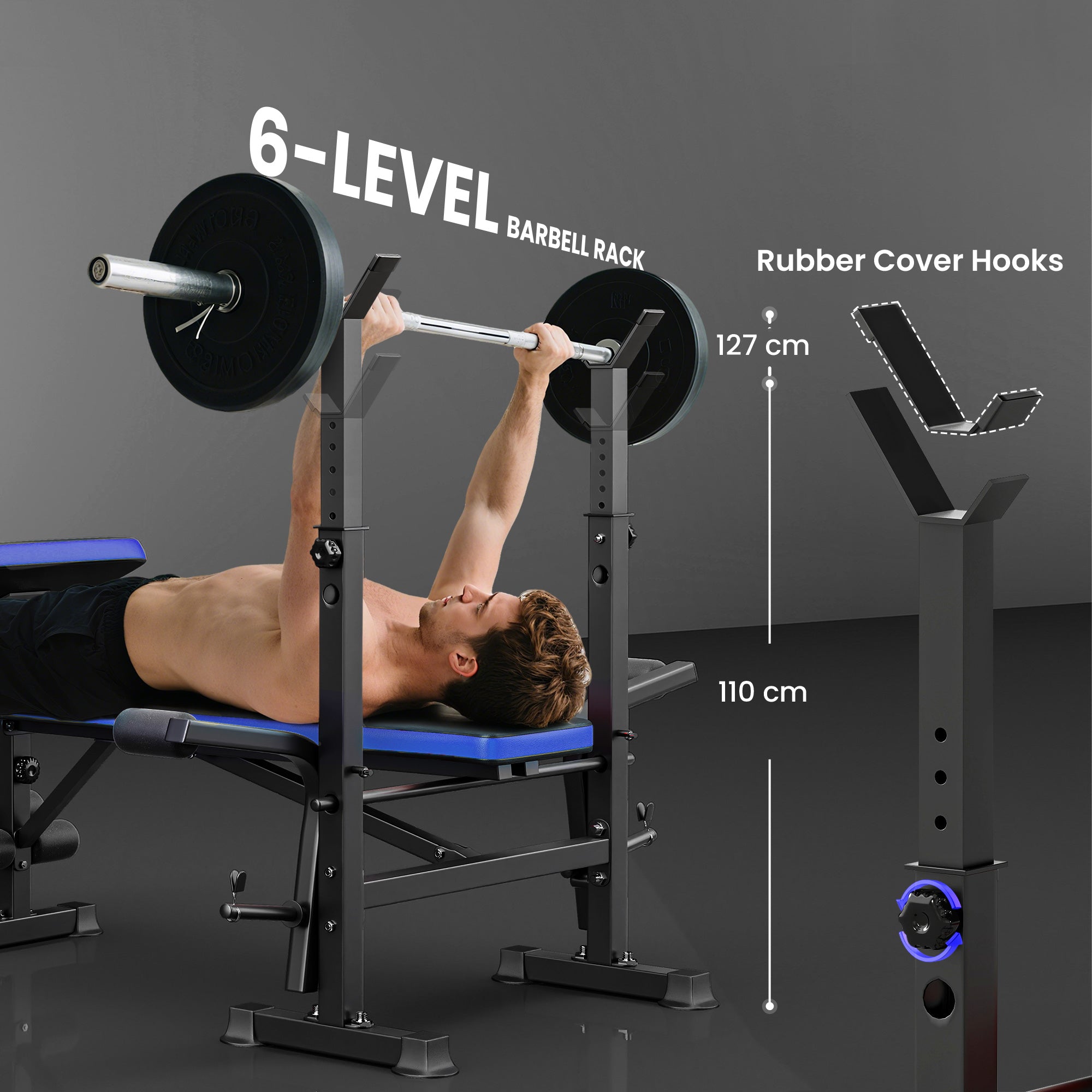 Adjustable Weight Bench with Leg Extension, Barbell Rack, Preacher Curl Pad, Butterfly, Multi-Function Home Gym Bench for Strength Training, Blue