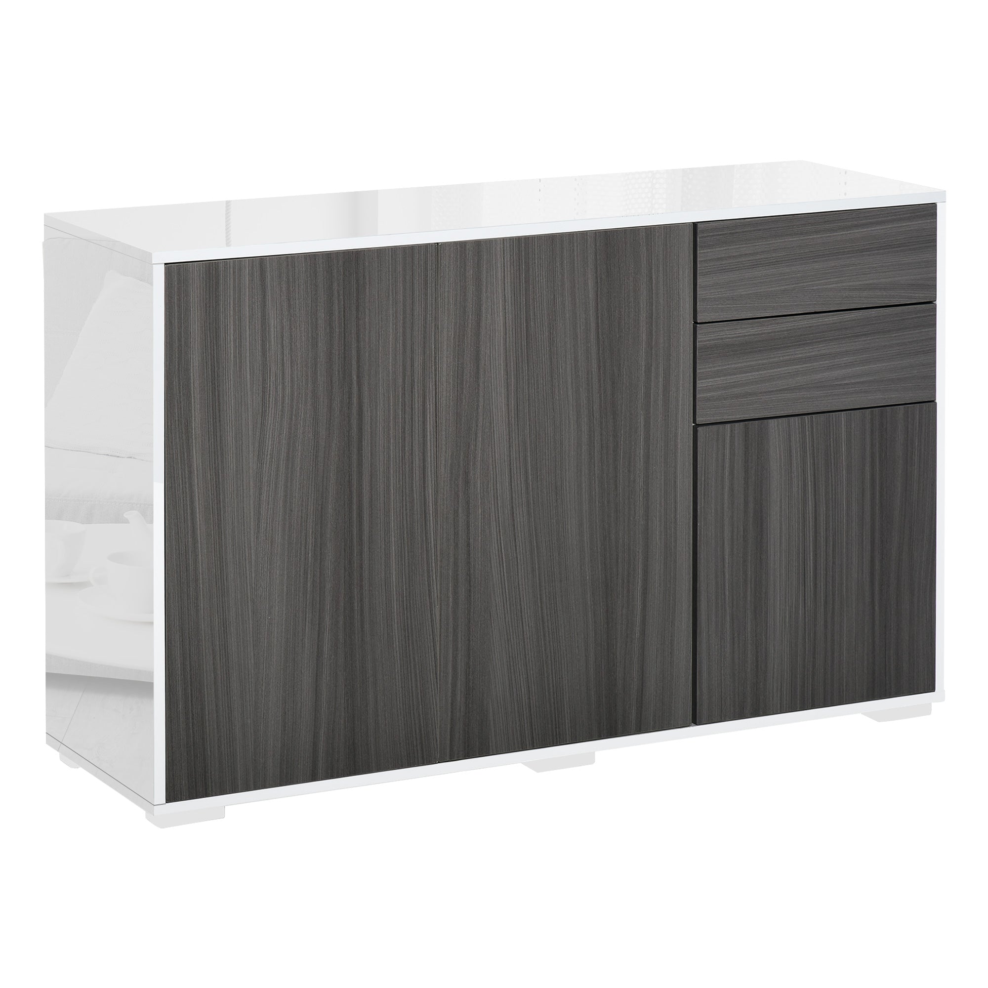 High Gloss Frame Sideboard, Side Cabinet, Push-Open Design with 2 Drawer for Living Room, Bedroom, Light Grey and White