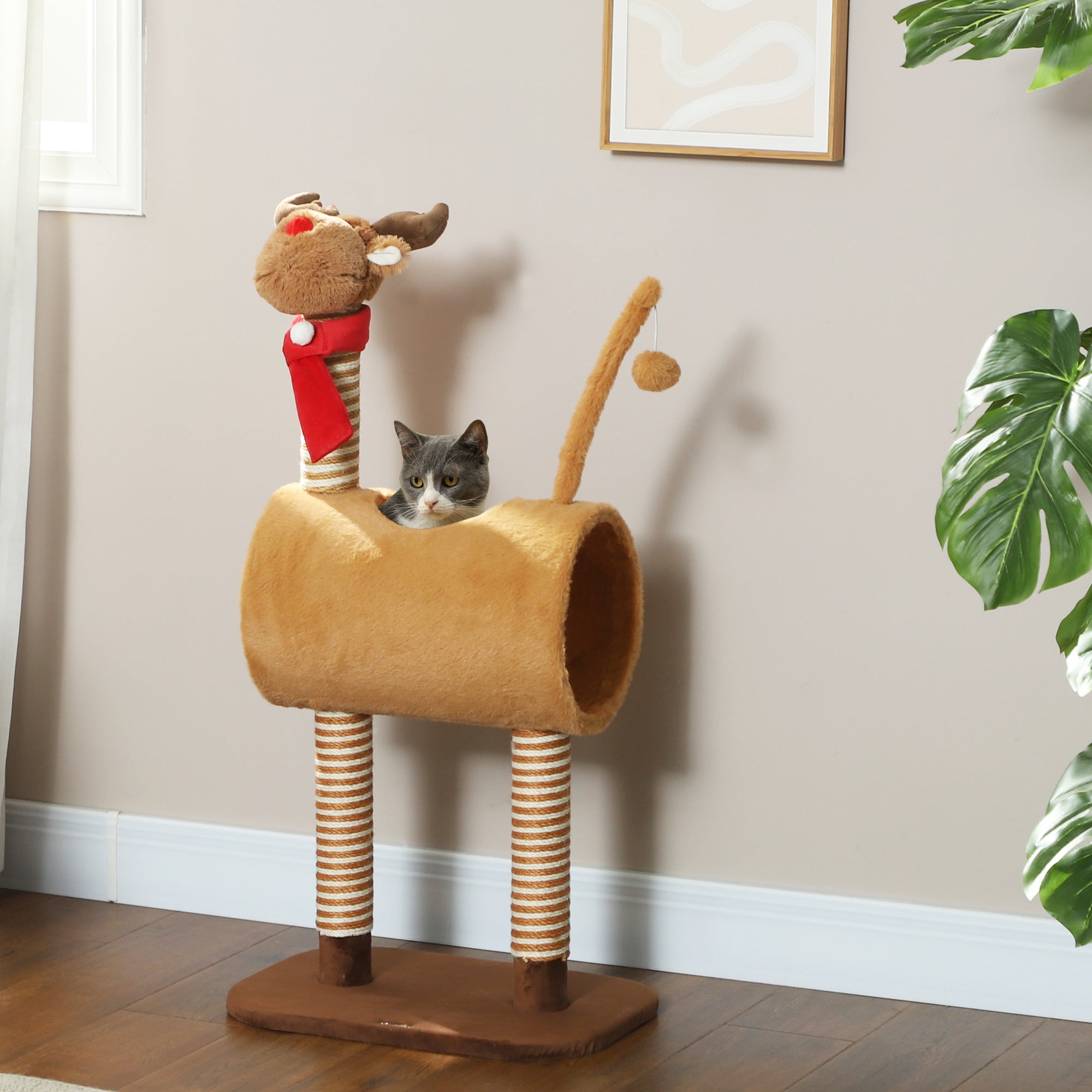 98cm Deer Themed Cat Tree with Scratching Posts, Toy Ball, Tunnel, Brown