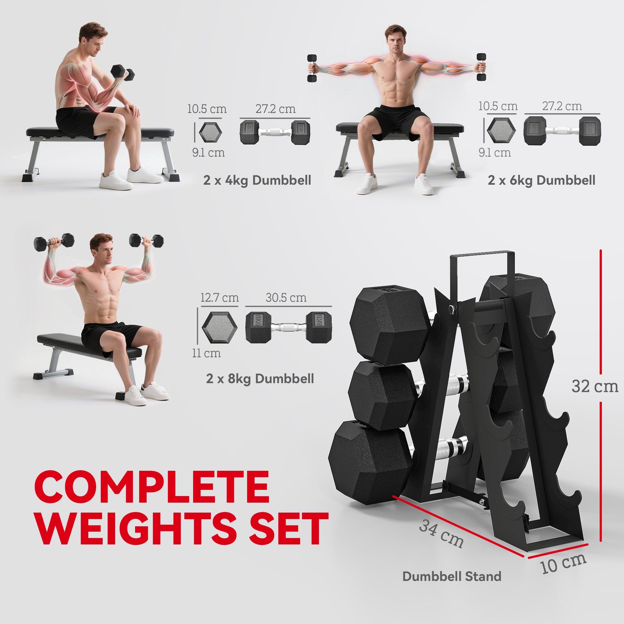 Hex Dumbbell Set with Weights Storage Rack, Rubber Coated Dumbbells, Non-Slip Chrome Handles, Space-Saving for Home Gym Weight Lifting Strength Training, 2 x 4kg, 2 x 6kg, 2 x 8kg