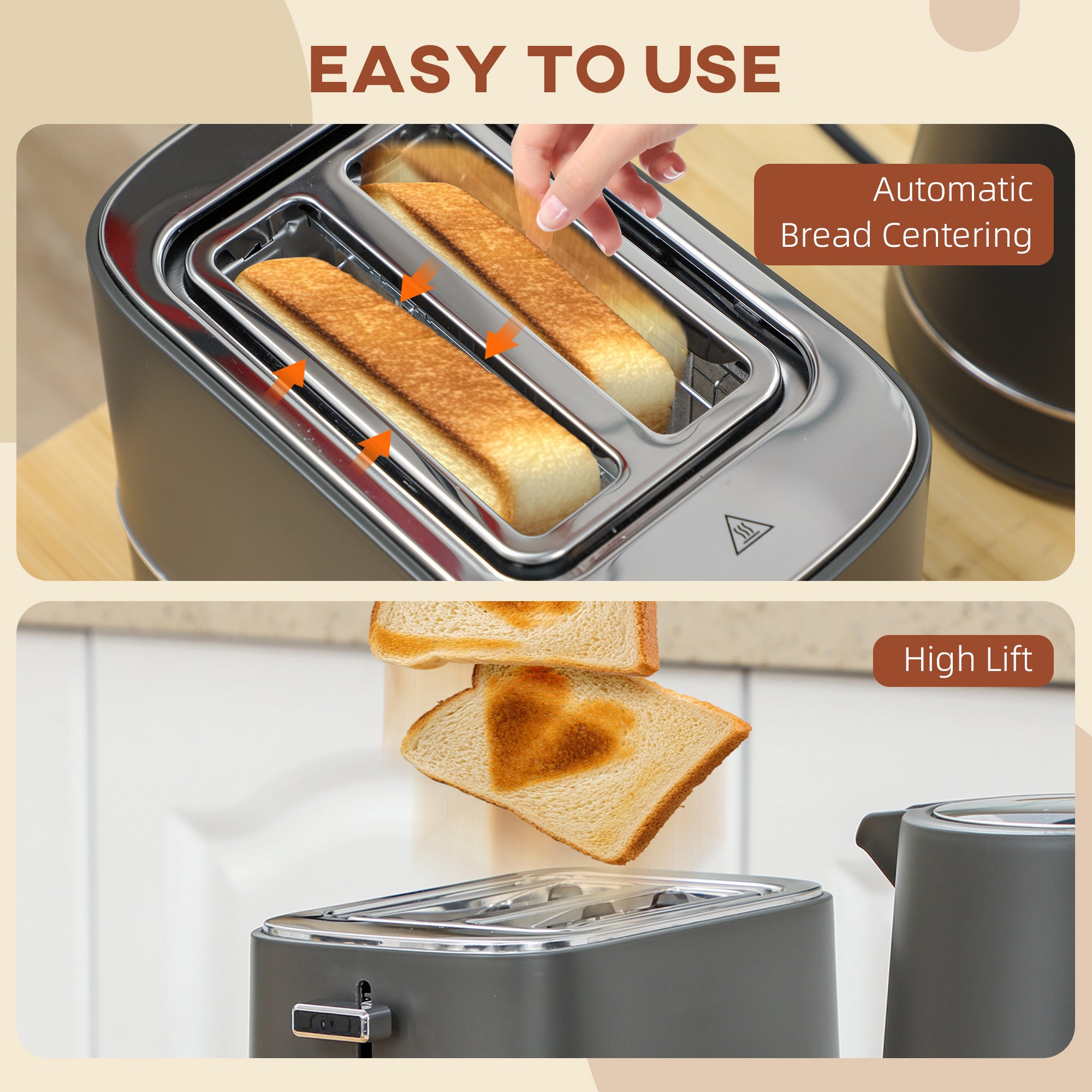 1.7L 3000W Kettle and 2-Slice Toaster Set with 6 Browning Levels, Defrost & Reheat - Grey
