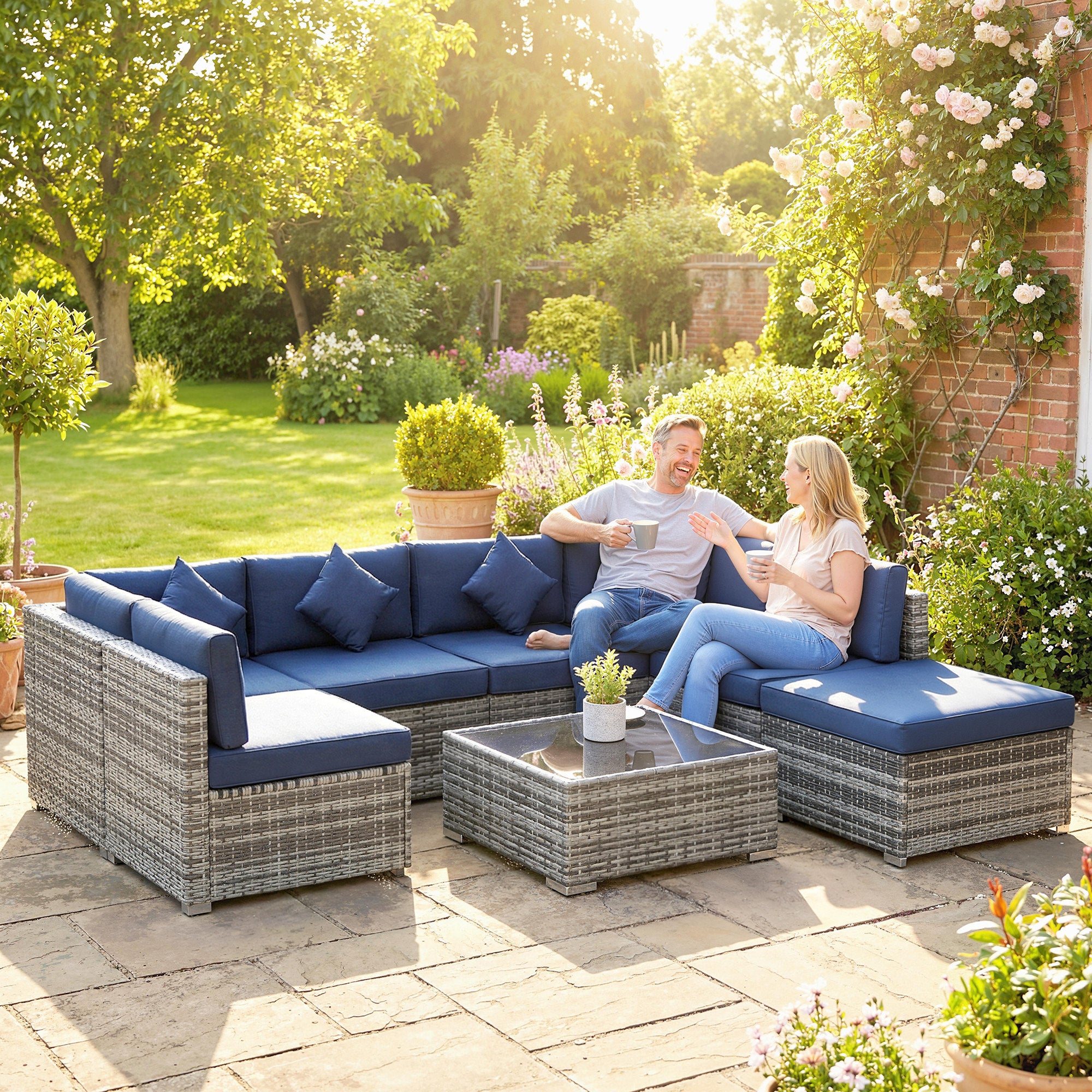 8 Pieces PE Rattan Corner Sofa Set, Outdoor Garden Furniture Set, Patio Wicker Sofa Seater w/ Cushion, Dark Blue