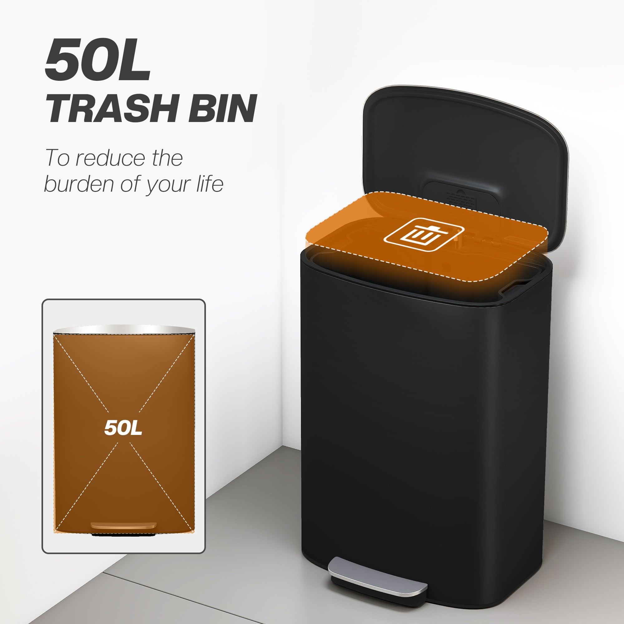 50L Kitchen Bin with Soft-Close Lid and Stay-Open Function, Stainless Steel Pedal Bin with Removable Inner Bucket, Carry Handle for Kitchen, Office, Home, Black
