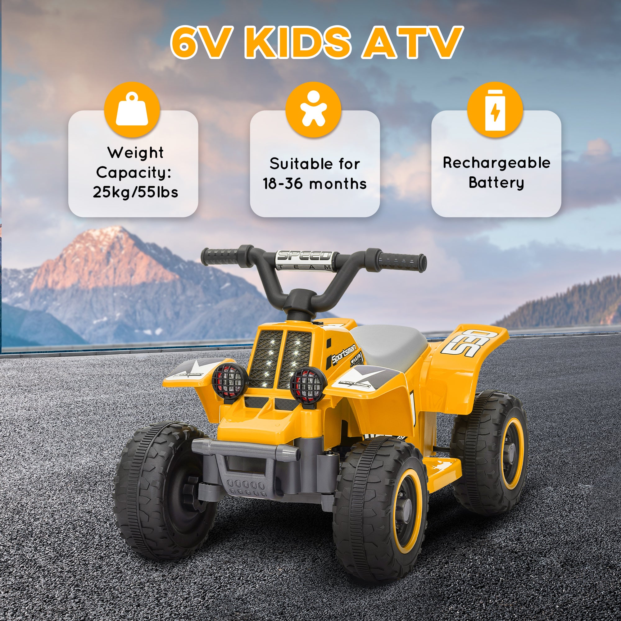 6V Electric Ride-On Quad Bike for Kids 18-36 Months with Headlights - Yellow